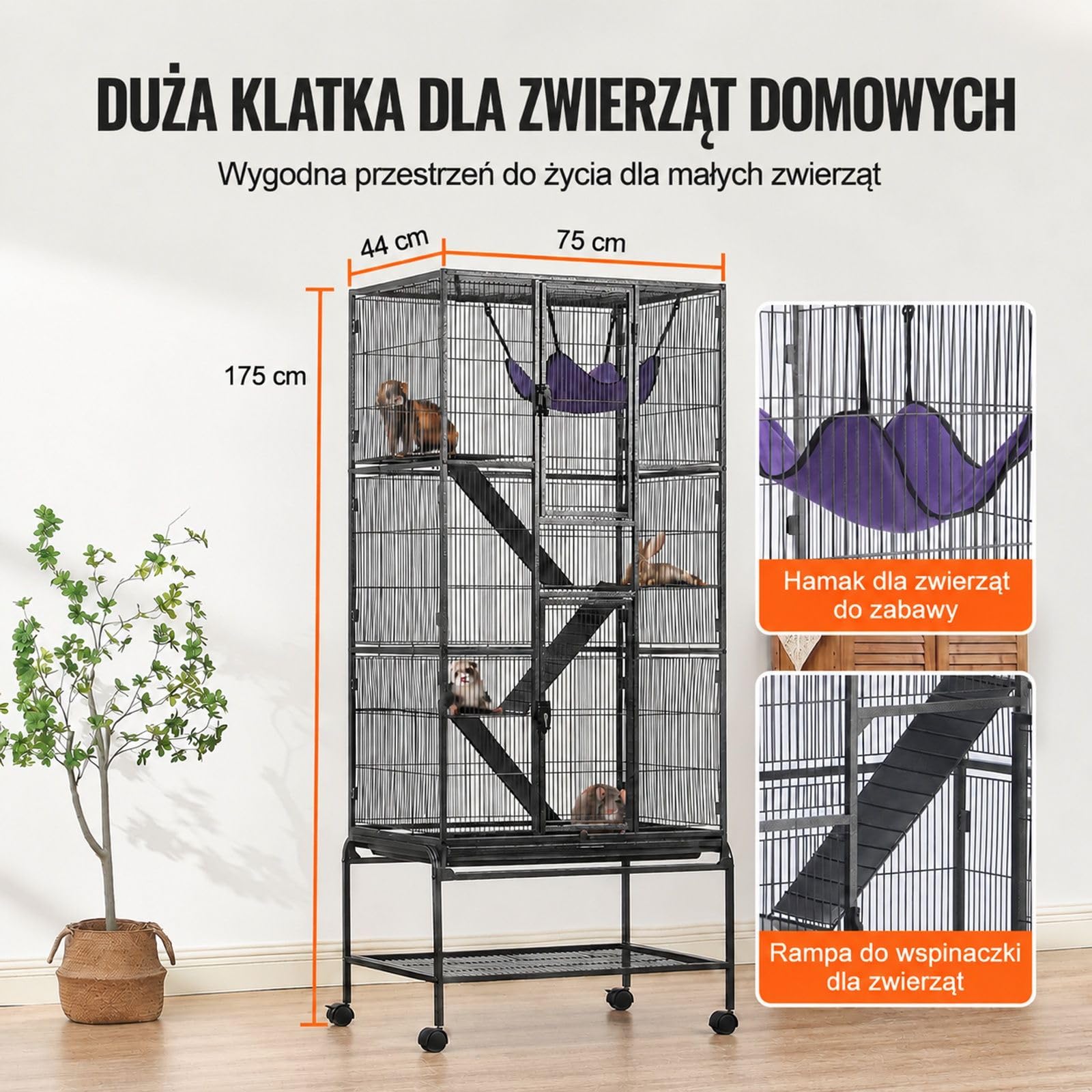 Czarna metalowa klatka dla fretek i małych zwierząt, 4 poziomy, kółka, rampy, taca, żelazo, plastik i aksamit