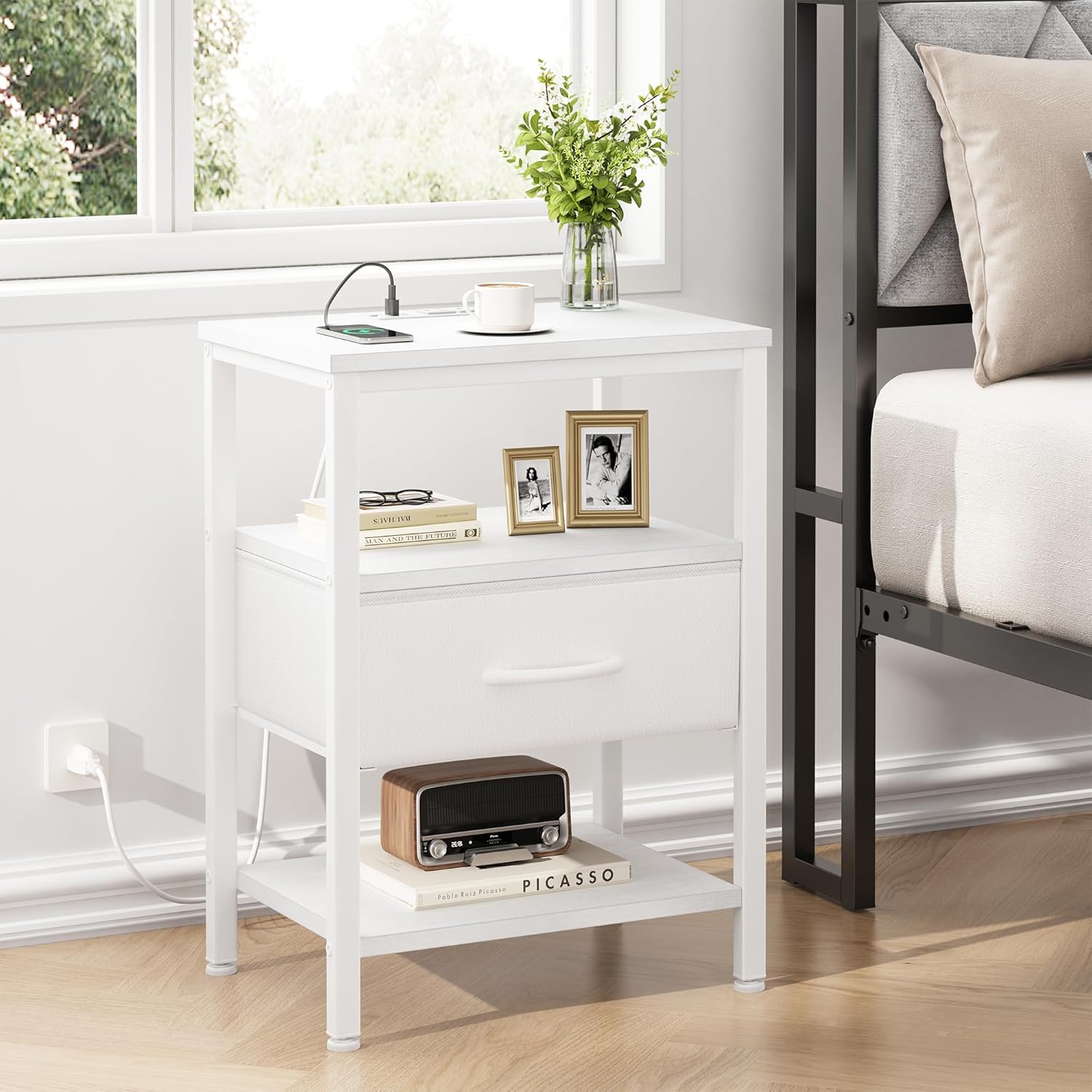 DUMOS Bedside Table with Charging Station and Adjustable Fabric Drawer Compact Nightstand 3-Tier Storage Organizer End Table for Bedroom,White 15.7"D x 11.8"W x 23.29"H (1 Drawers) White 1