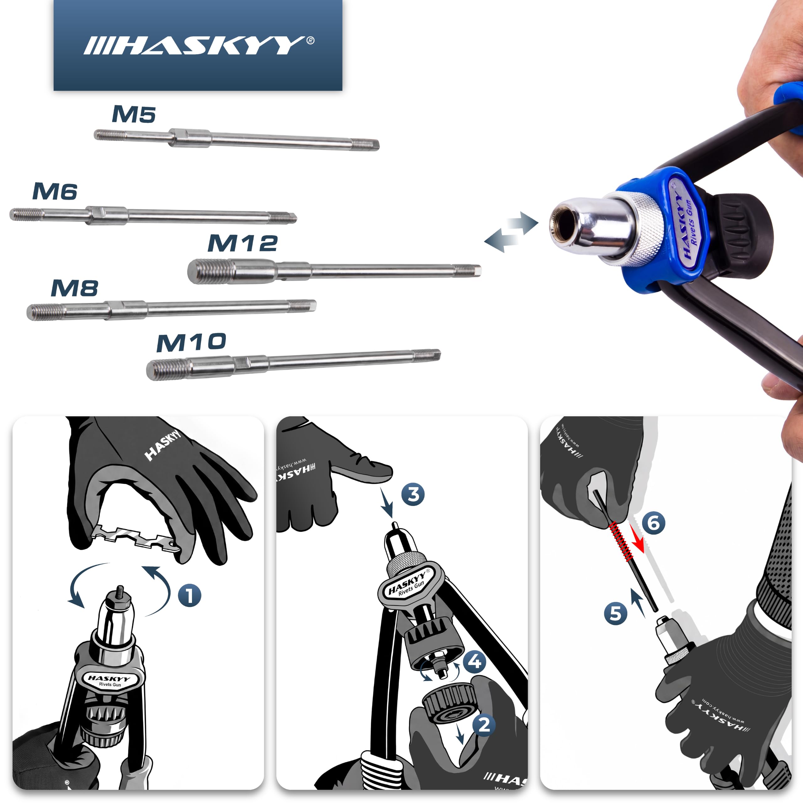 HASKYY Kit profesional de remachadora para tuercas remachables (Rivnut) + 150 tuercas de acero -M5/M6/M8/M10/M12 (30 uds cada medida)