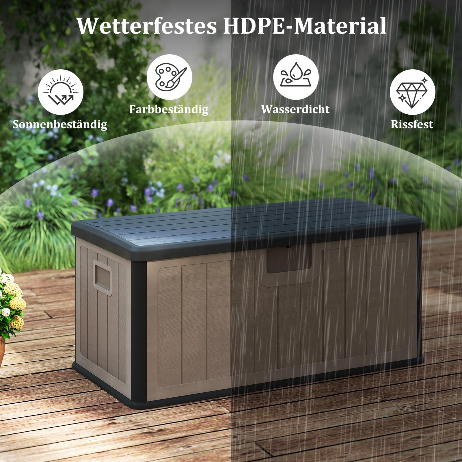 COSTWAY Gartenbox 378 L, Auflagenbox Wasserdicht für Garten mit Abschließbarem Deckel, Aufbewahrungsbox für Kissen & Gartengeräte, Kissenbox Outdoor für Terrasse, Balkon, Garten (Schwarz+Braun)