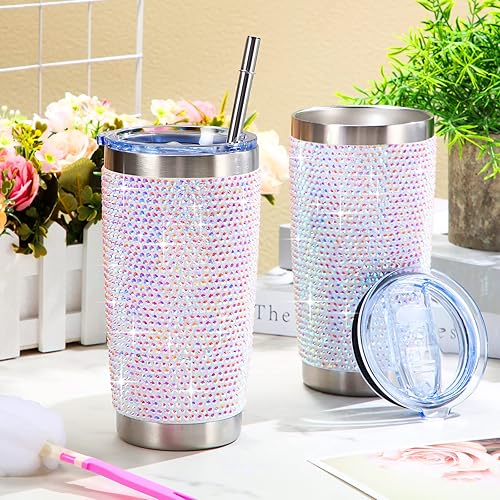 Miniatura 9 de 2 vasos de diamantes de imitación con tapa y pajita, botellas de agua con purpurina de 20 onzas, acero inoxidable aislado al vacío, taza de café