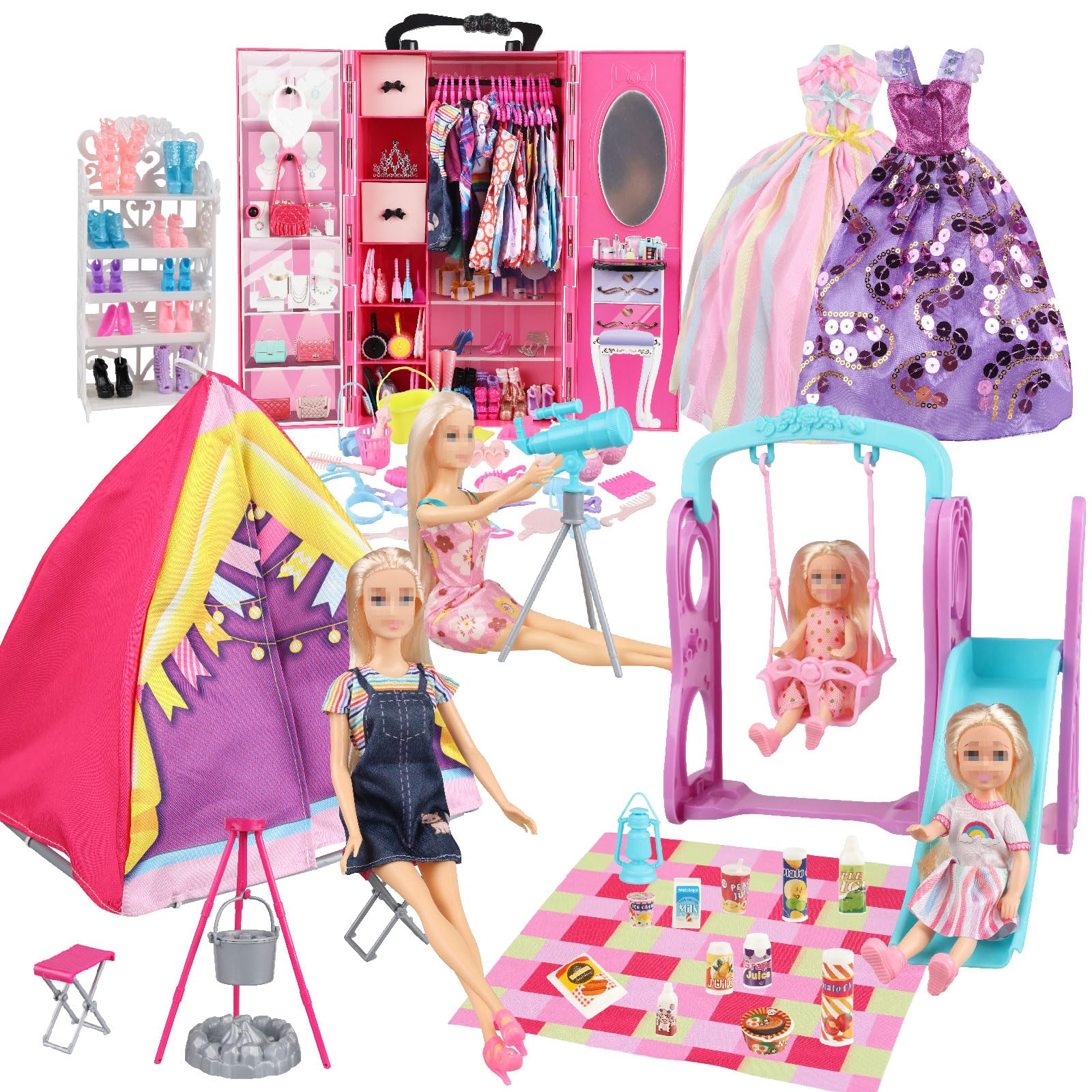 180 Piece Doll Wardrobe&Toy Folding Wardrobe - Includes Folding Wardrobe+Swing Slide+Tent+Stargazing Set with Rich Accessories Stimulate Children's Imagination and Creativity