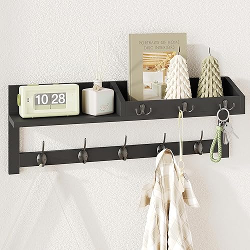 AMBIRD Ganchos de pared con estante  26.57 pulgadas para colgar en la pared de entrada, ganchos de madera para abrigos y llavero (negro)
