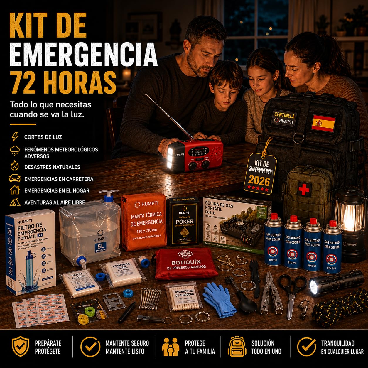 Kit de Supervivencia Completo UE 2026, Mochila Supervivencia 72 Horas Equipada con Camping Gas Portatil, Kit Supervivencia Catastrofe, Botiquín Táctico con Radio Sola, Alicates, Tijeras y Silbato