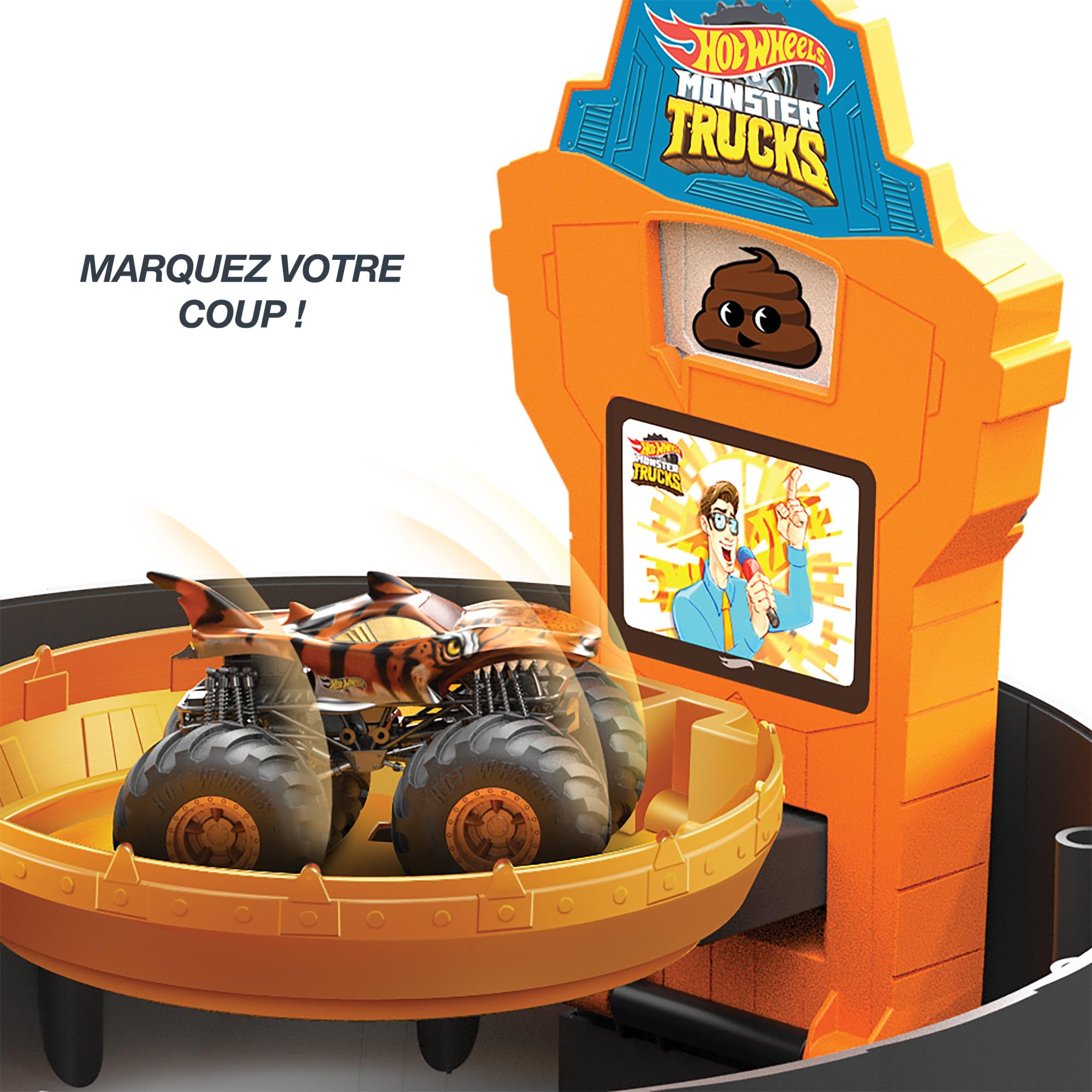 Hot Wheels Monster Trucks Coffret Arène Roue, avec 3 Monster Trucks et 3 véhicules à l’échelle 1/64, Cadeau pour Enfants de 4 à 8 Ans, HHY74