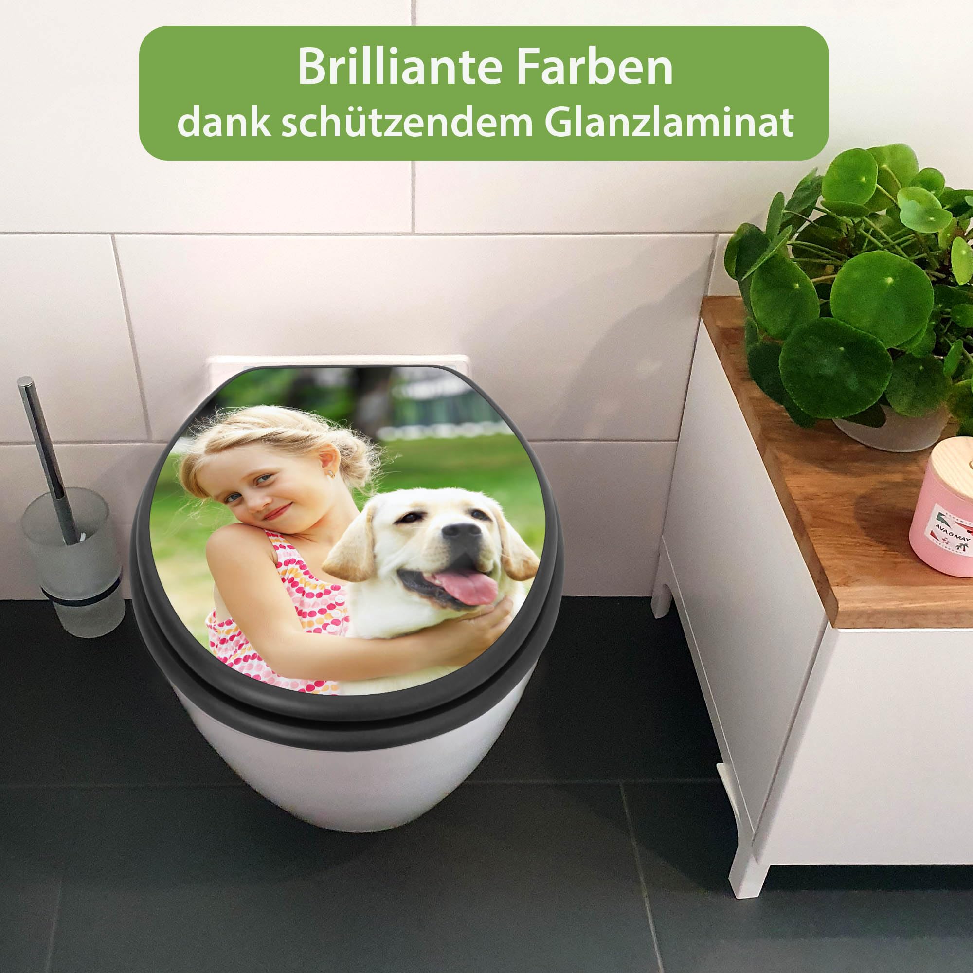 banjado WC Sitz anthrazit mit Absenkautomatik - 38 x 46,5cm O-Form - MDF Holzkern Toilettendeckel - Klodeckel grau mit Metallscharnieren - pflegeleichte Klobrille fürs Bad - Motiv Wunschmotiv