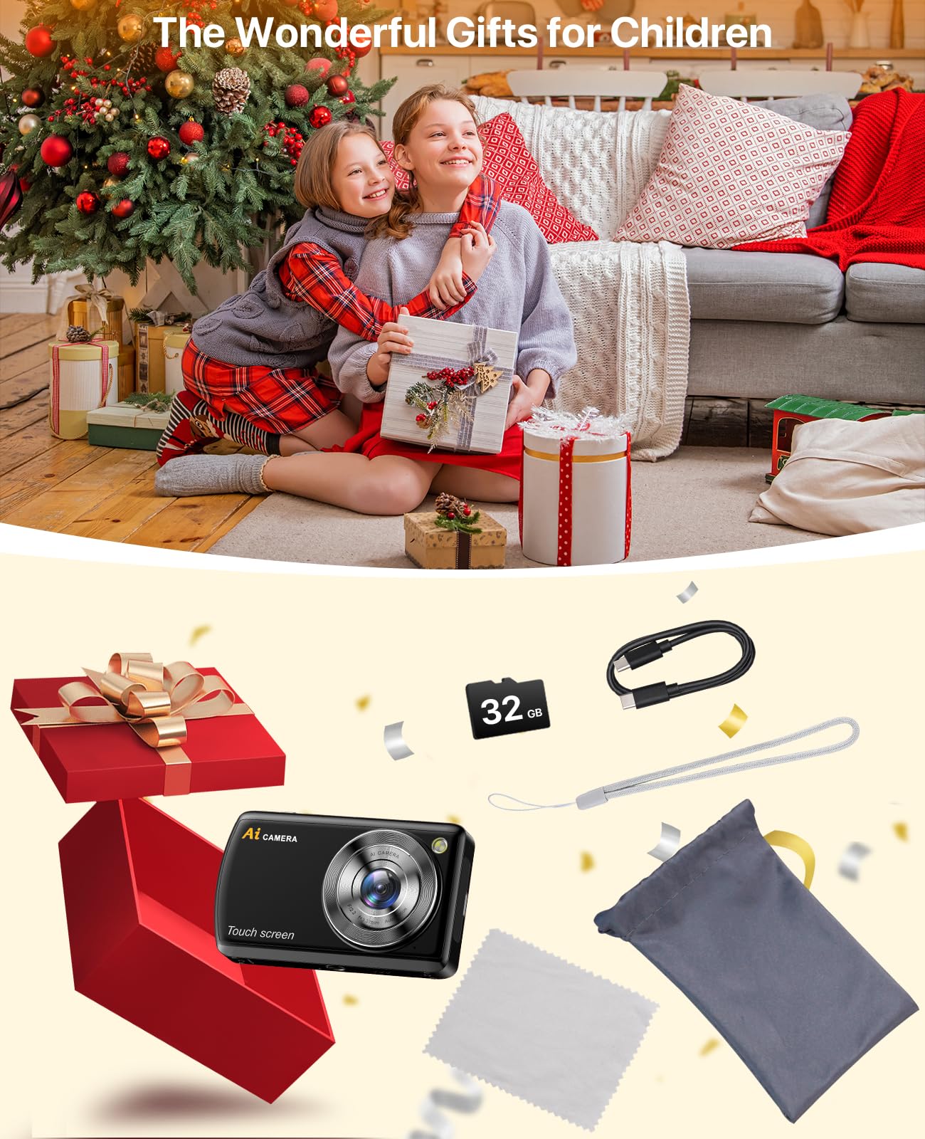 AI Smart Digitalkamera mit WiFi, Autofokus Digital Camera Kamera Fotokamera Kinderkamera mit IPS Touchscreen, Fotoapparat Digitalkamera mit 32GB SD Karte für Kinder, Jugendliche, Erwachsene