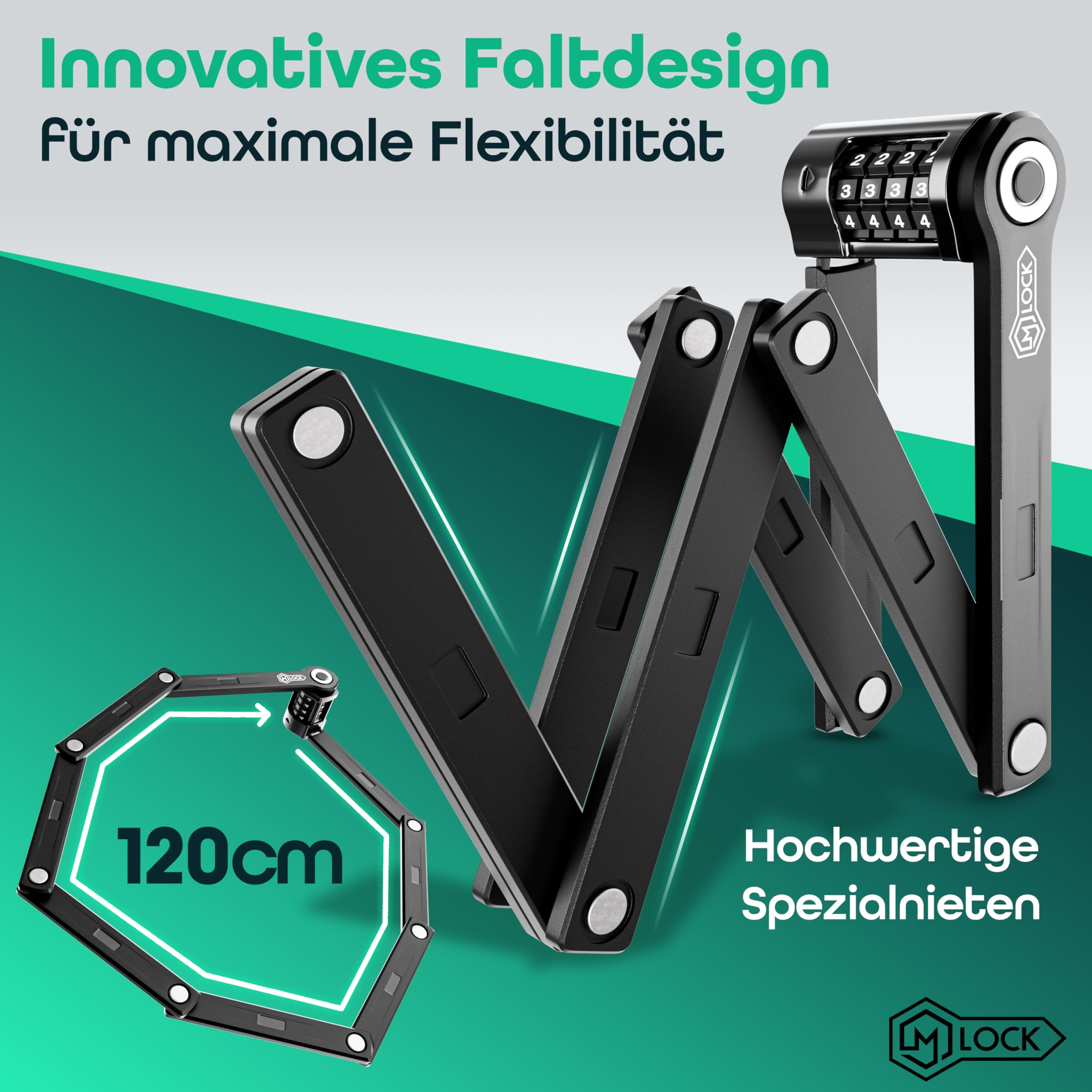 Antivol pliable de 120 cm - Serrure à combinaison haute sécurité - Protection antivol pour vélo et vélo électrique - Serrure de sécurité robuste et inoxydable avec combinaison de broches