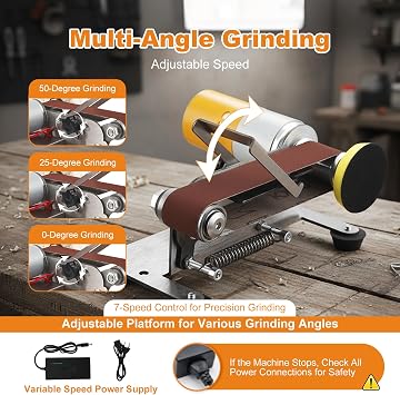 Mini Belt Sander, Electric Bench Grinder 7 Adjustable Speed, Electric Electric Belt Sanding Machine with Grinding Wheel Polishing Wheel & 10pc 120#/320#/600#/800#/1000# Sanding Beltsand