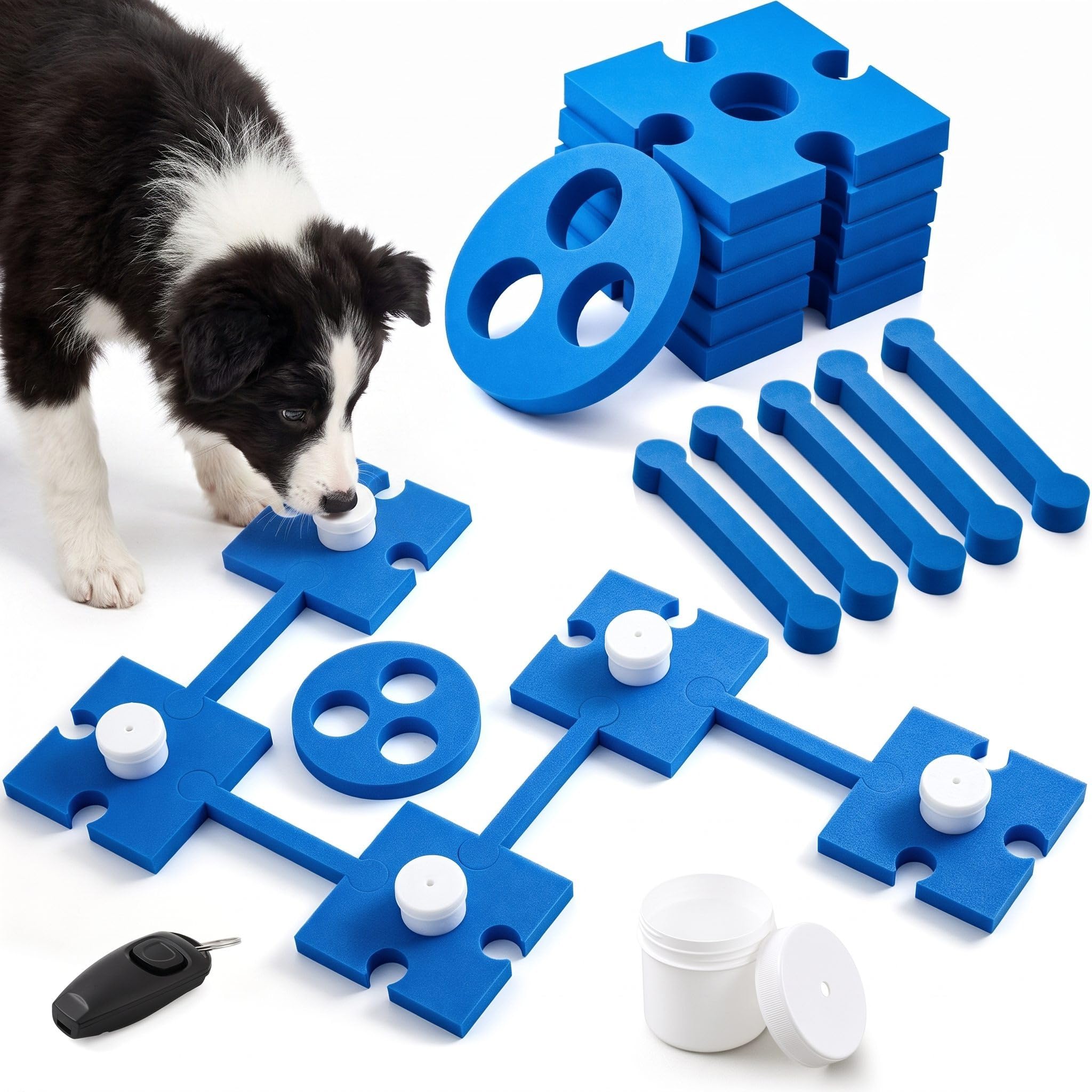 Jadive Kit d'Entraînement Détection Olfactive pour Chiens 6 Puzzles en Mousse avec 5 Récipients de Détection 1 Sifflet 1 Sac de Rangement Jouet Intelligent pour l'Entraînement Olfactif