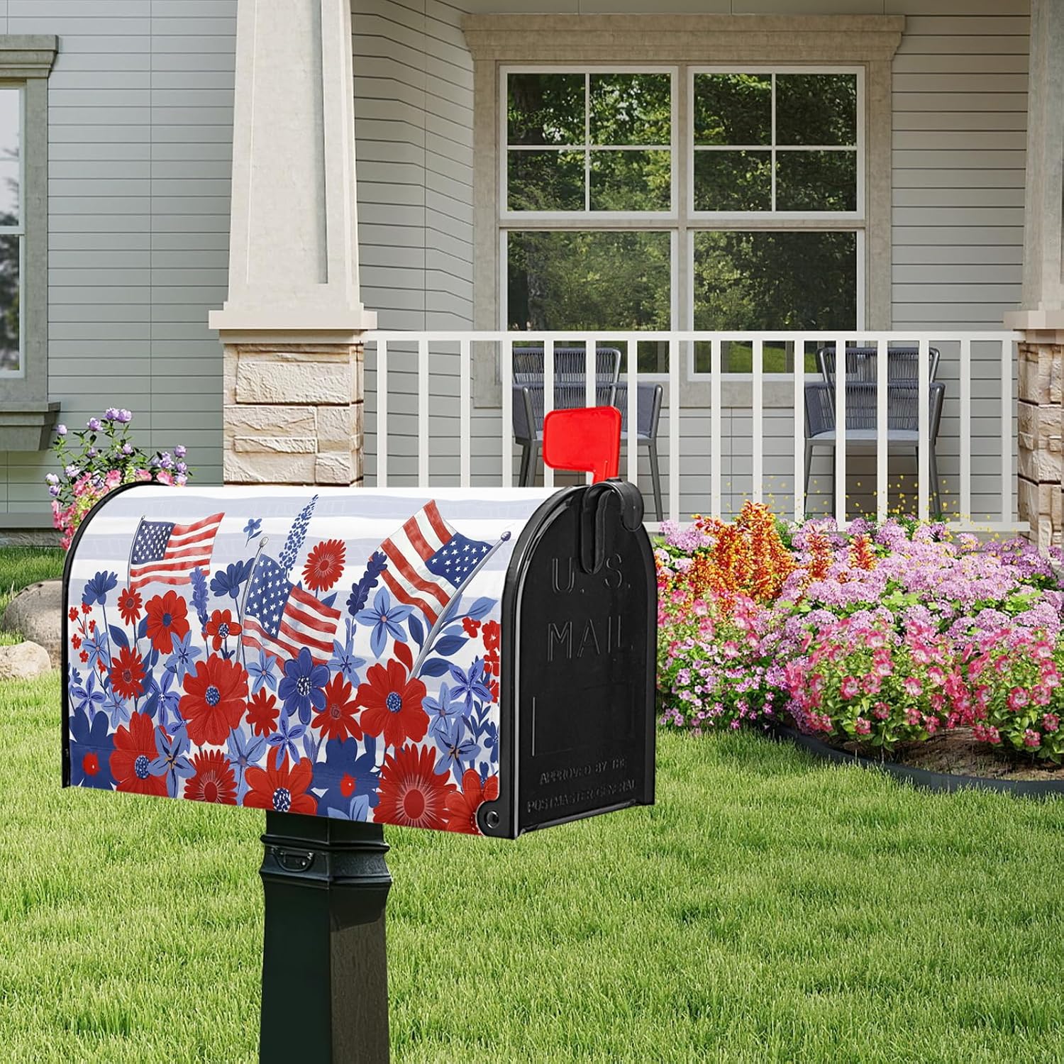 Patriotic Red Blue Floral Mailbox Covers Magnetic Standard Size 21 x 18 Inch 4th of July American Flag Mailbox Wraps Post Letter Box Cover for Garden Yard Outdoor Decorations