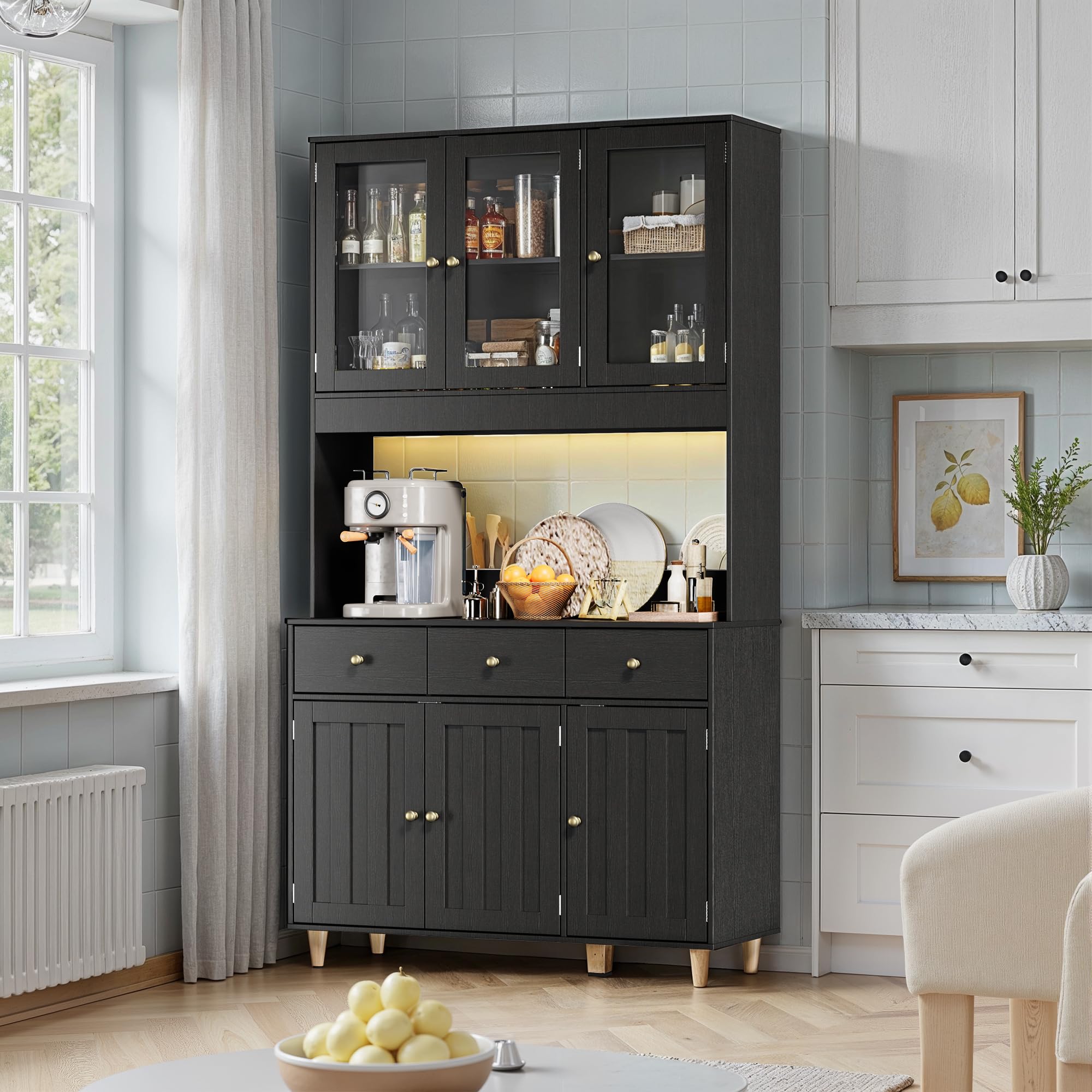 Vaisselier, Armoire de Cuisine Haute avec LED, Buffet avec 6 Portes et 3 Tiroirs,Vaisselier Vitrine avec des Portes d'armoire Transparentes,pour Le Salon et la Cuisine,180×38×180cm, Noir