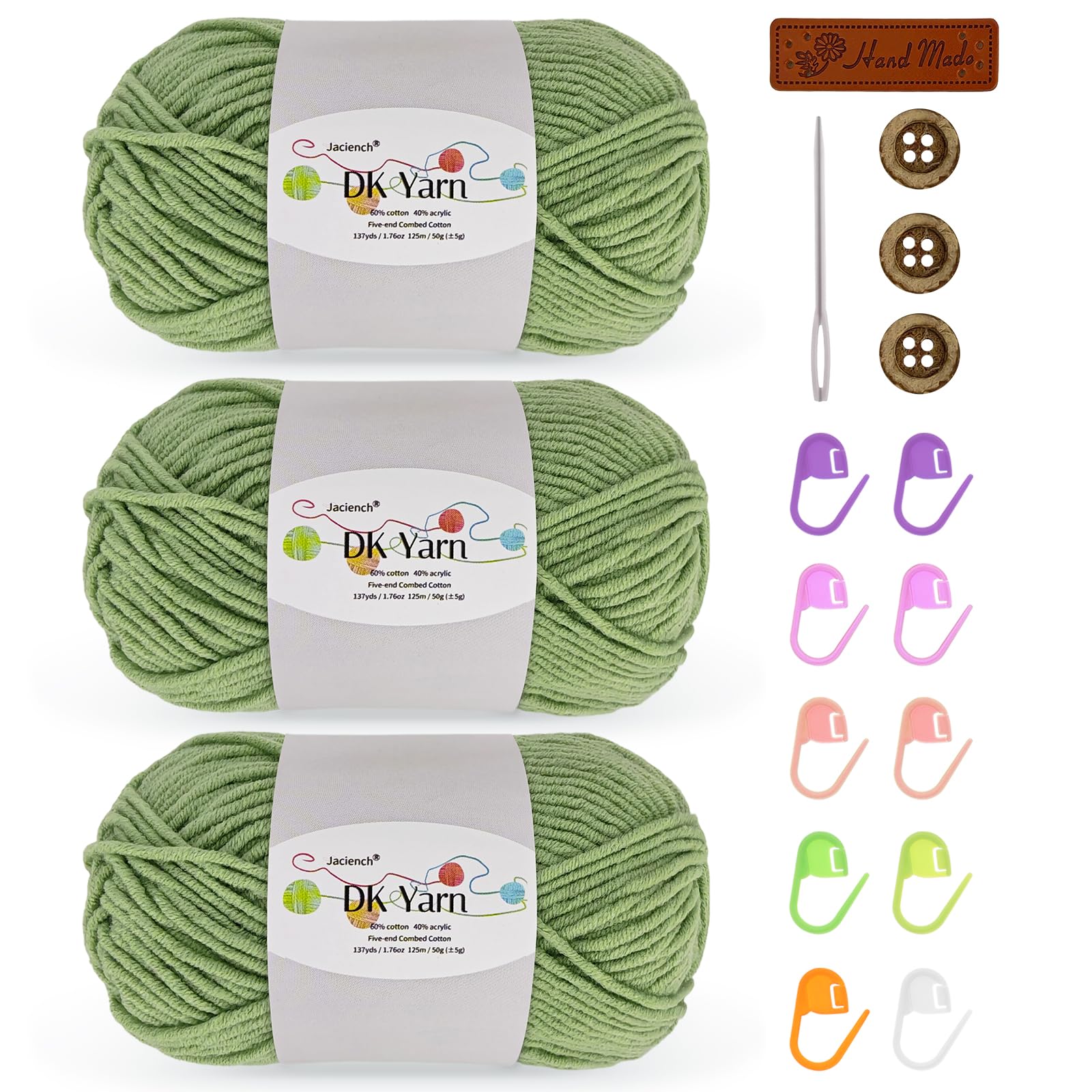 Crochet Yarn Kit, 3×50g 60% Cotton 40% Acrylic Combed Cotton Yarn with Accessories, DK Wool for Beginners Amigurumi Socks Blankets(Matcha Green-3) — image 1