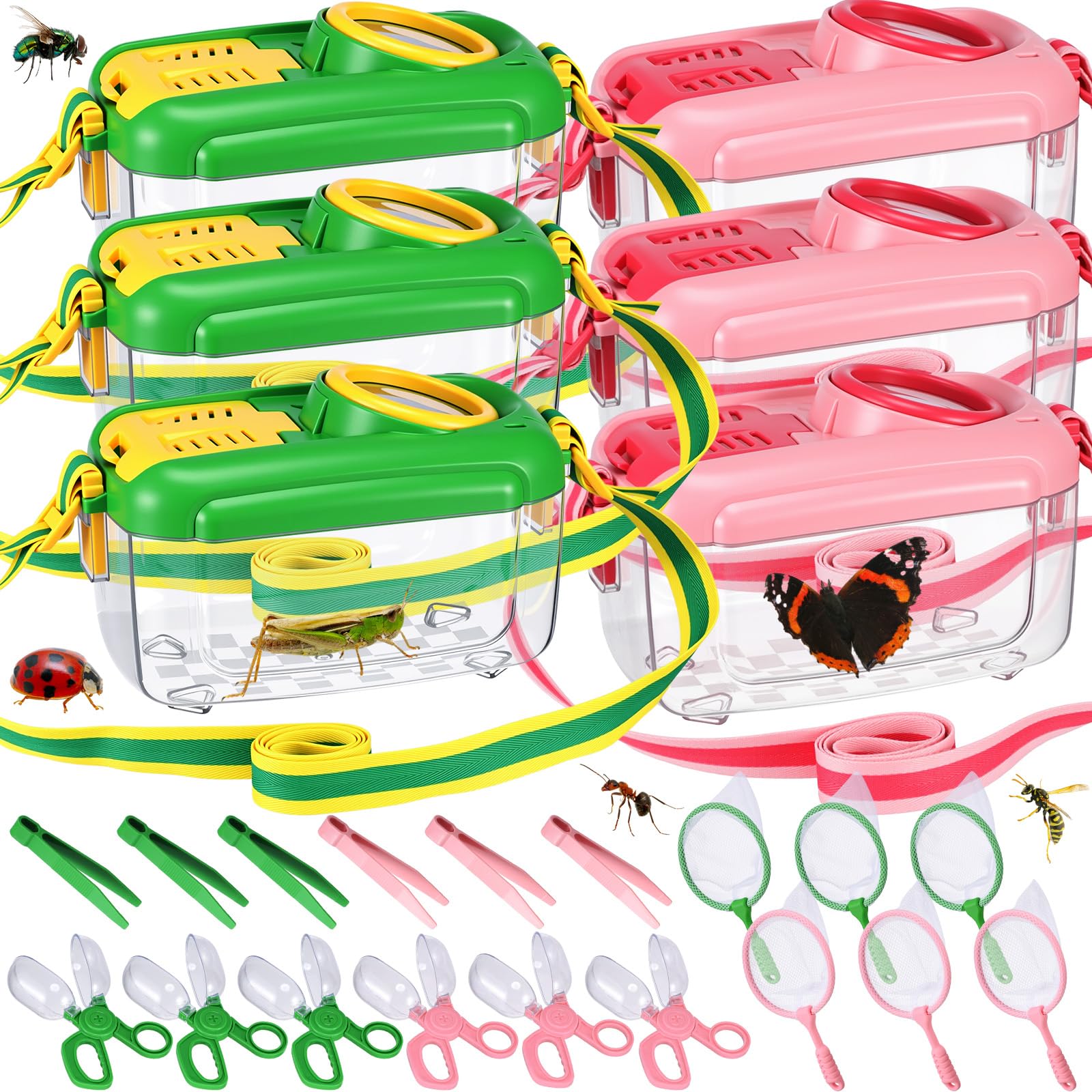 Halloscume 6 juegos de atrapasueños para niños, estudiantes, kit de captura de insectos con casa, red de mariposas, pinzas, contenedor de hábitats de jaula, regalo explorador (rosa, verde)