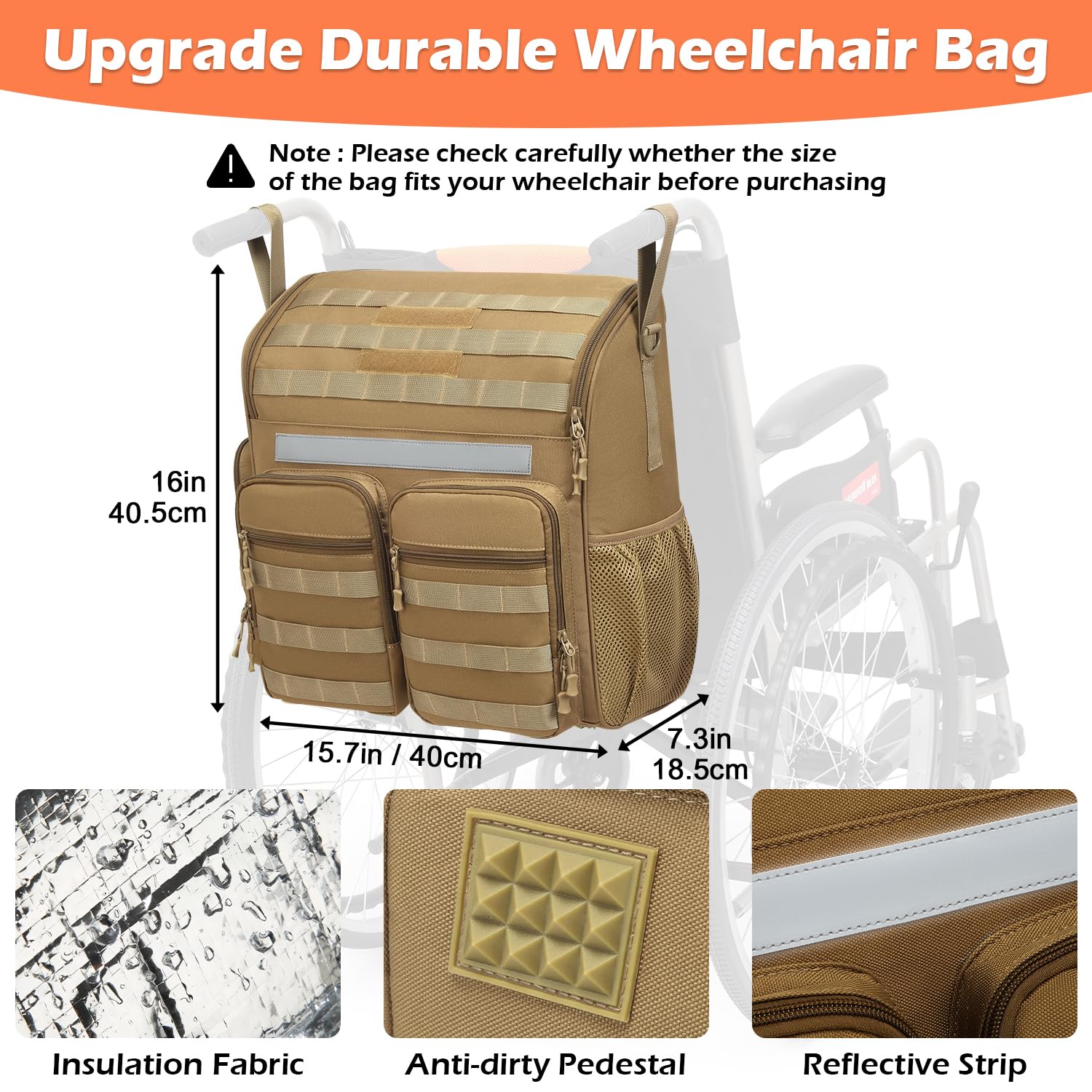Bolsa para Silla de Ruedas (Parte Trasera), Bolsa para Silla de Ruedas | Nailon, correa de hombro y bolsa isotérmica, reflectante, amplia abertura, bolsa de almacenamiento táctica para andador