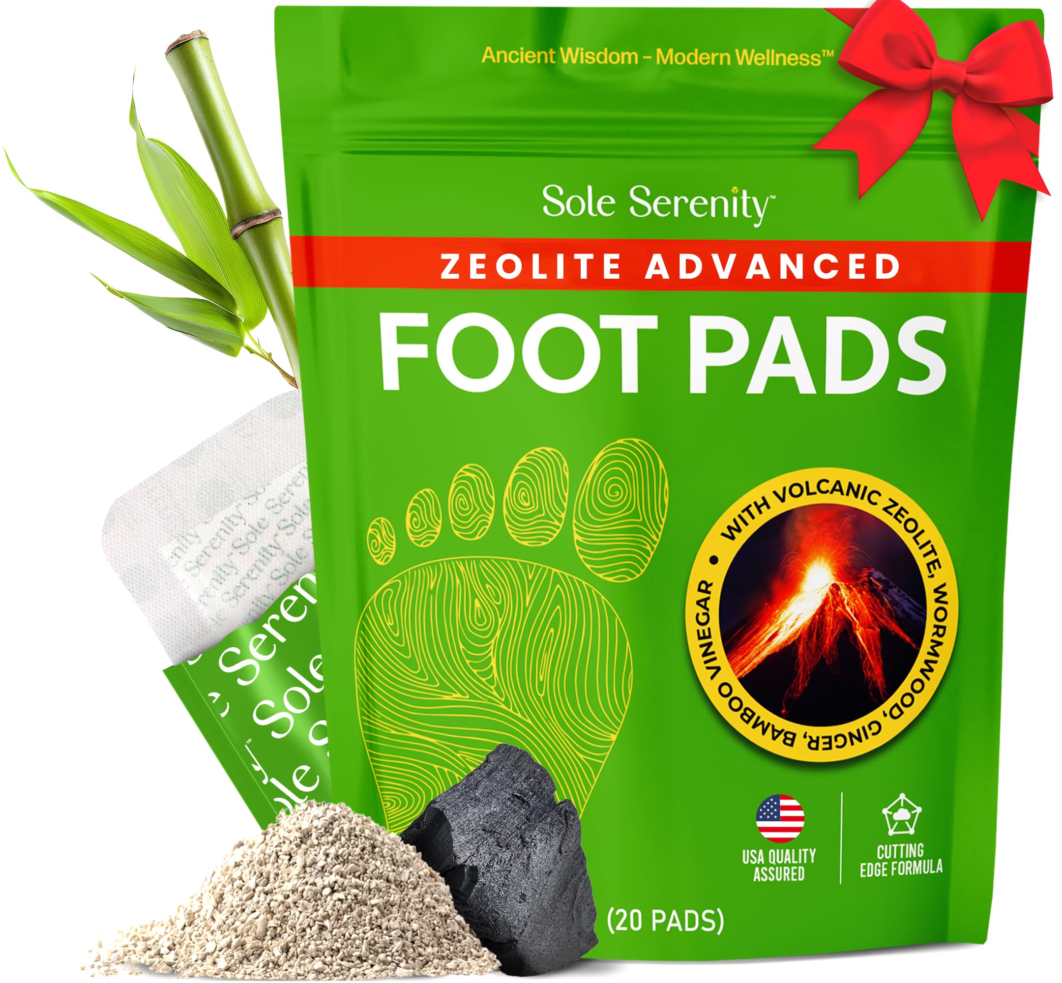 Sole Serenity Foot Pads - Zeolite Mineral, Ginger Root, Wormwood, Bamboo Vinegar, Foot Spa for Achy Feet - 20 Pads