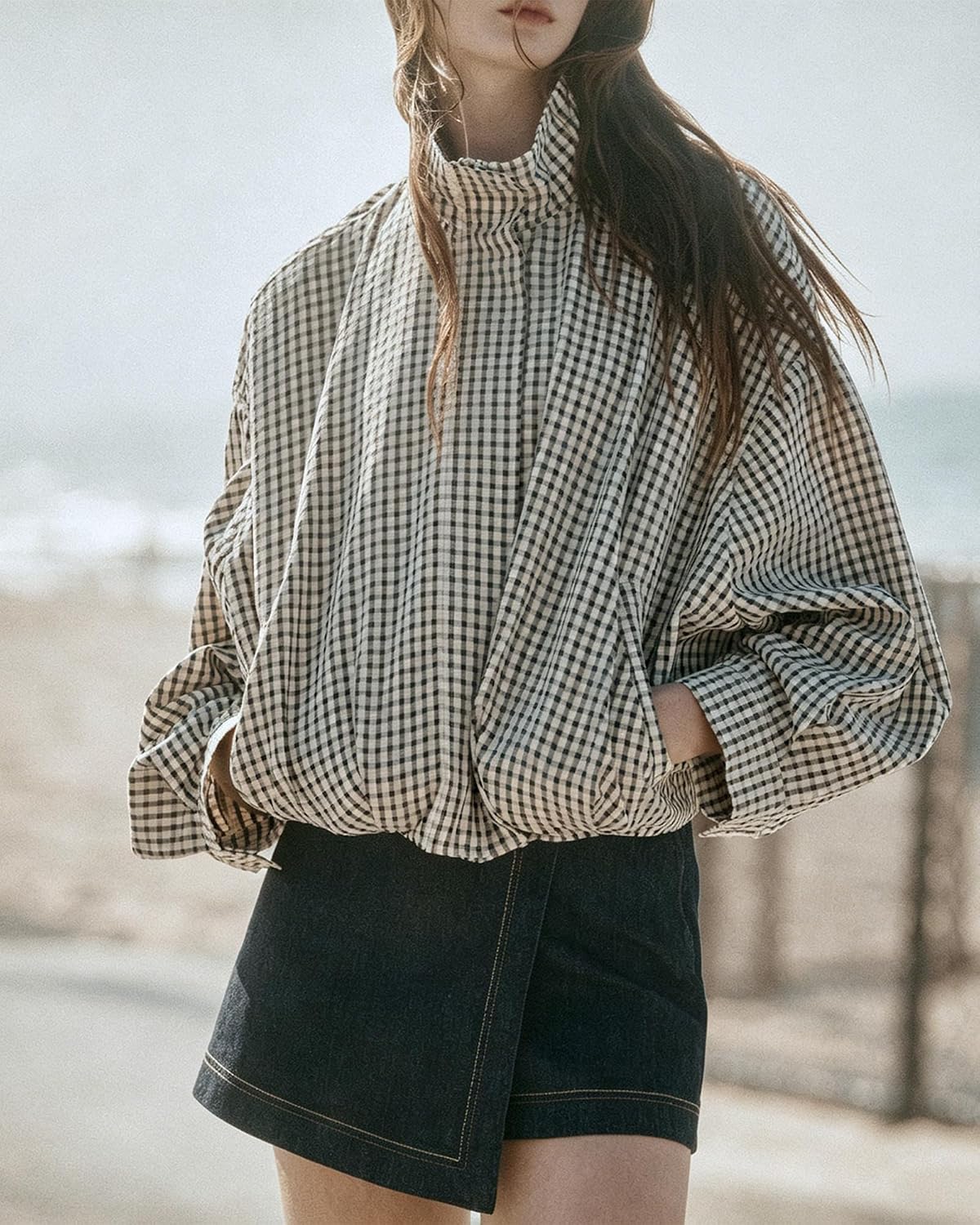 Womens Plaid Jacket Bomber Stand Collar Zip Up Coat with Pockets image 2