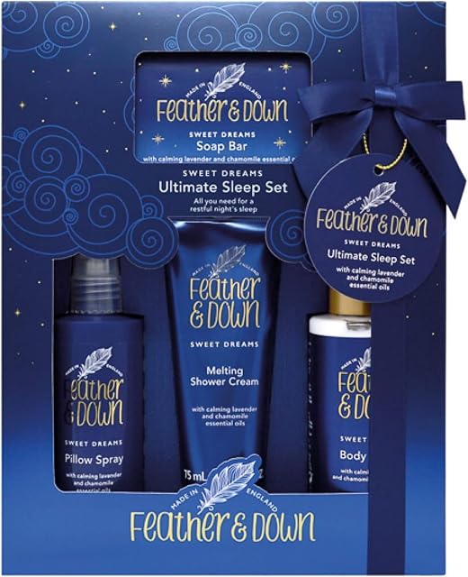 Feather & Down Sweet Dream Ultimate Sleep Set (Pillow Spray, Soap, Shower Cream & Body Lotion) - Create a sense of calm and tranquillity to aid a restful nights sleep. Vegan Friendly & Cruelty Free.