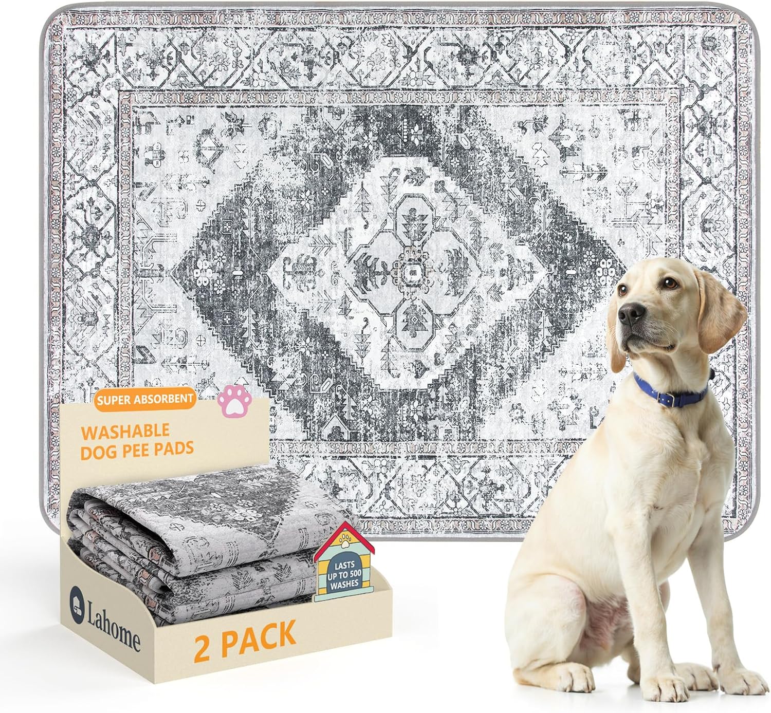 Lahome Reusable Washable Puppy Pads - 2 Pack Super Absorbent & Waterproof Dog Training Mats for Potty, Crate and Floor - Leakproof Pee Pads with Non-Slip Backing (Gray, 36"x48")