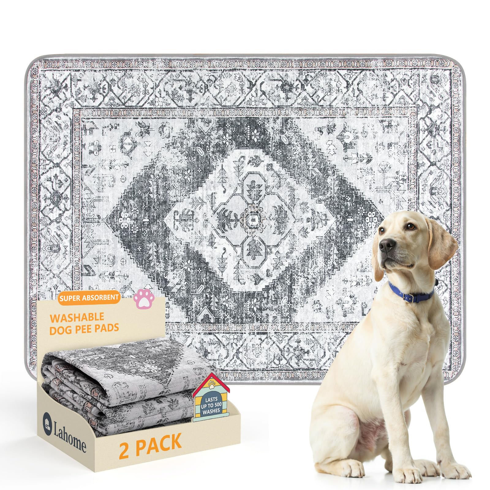 Lahome Reusable Washable Puppy Pads - 2 Pack Super Absorbent &amp; Waterproof Dog Training Mats for Potty, Crate and Floor - Leakproof Pee Pads with Non-Slip Backing (Gray, 36"x48")