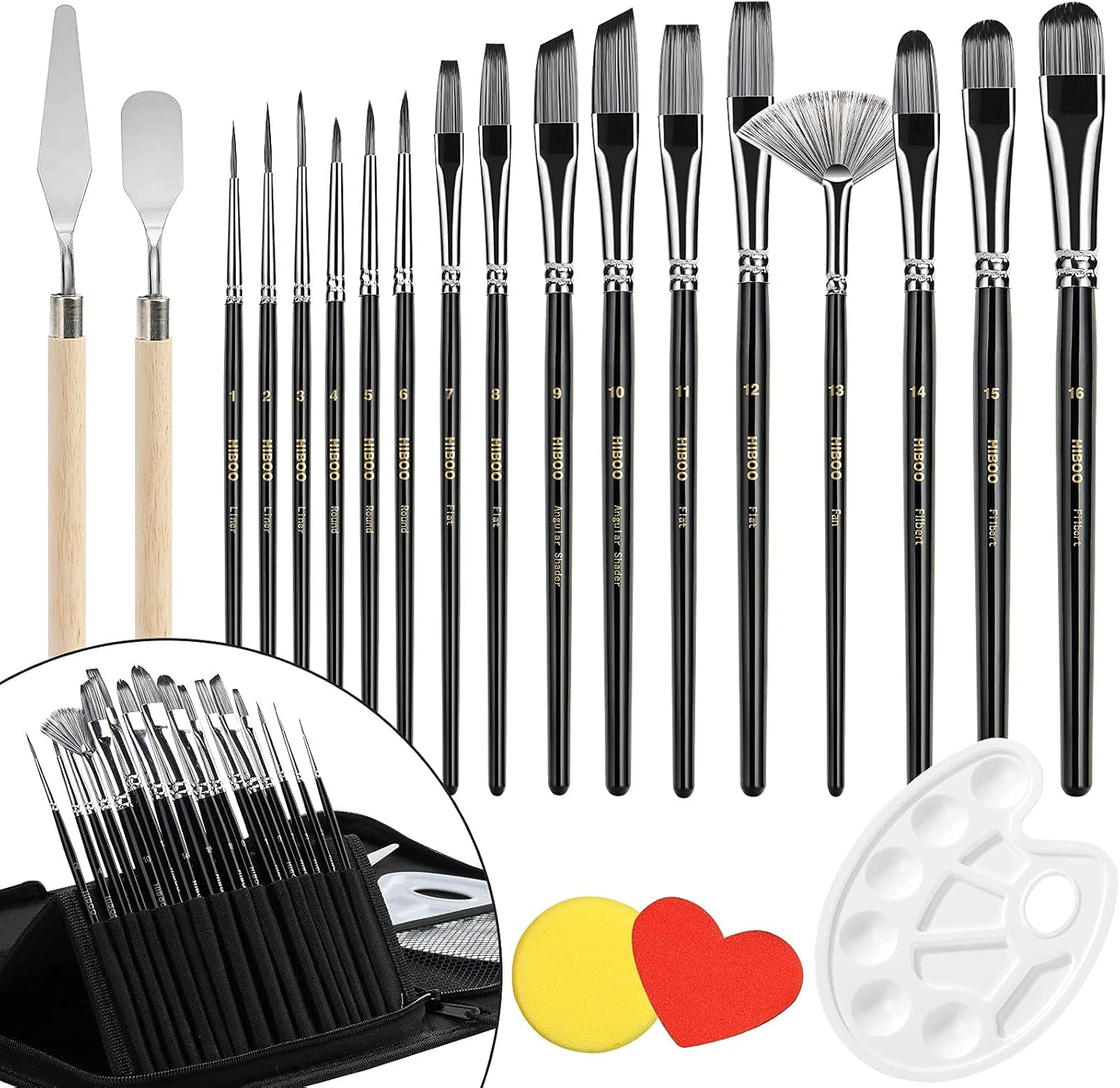HIBOO Art Paint Brush Set-21 Different Sizes Professionals Oil-Sealing Technique Paint Brushes Includes Pop-up Carrying Case with 16 Paint Brushes, 1 Paint Tray, 2 Palette Knife and 2 Sponges