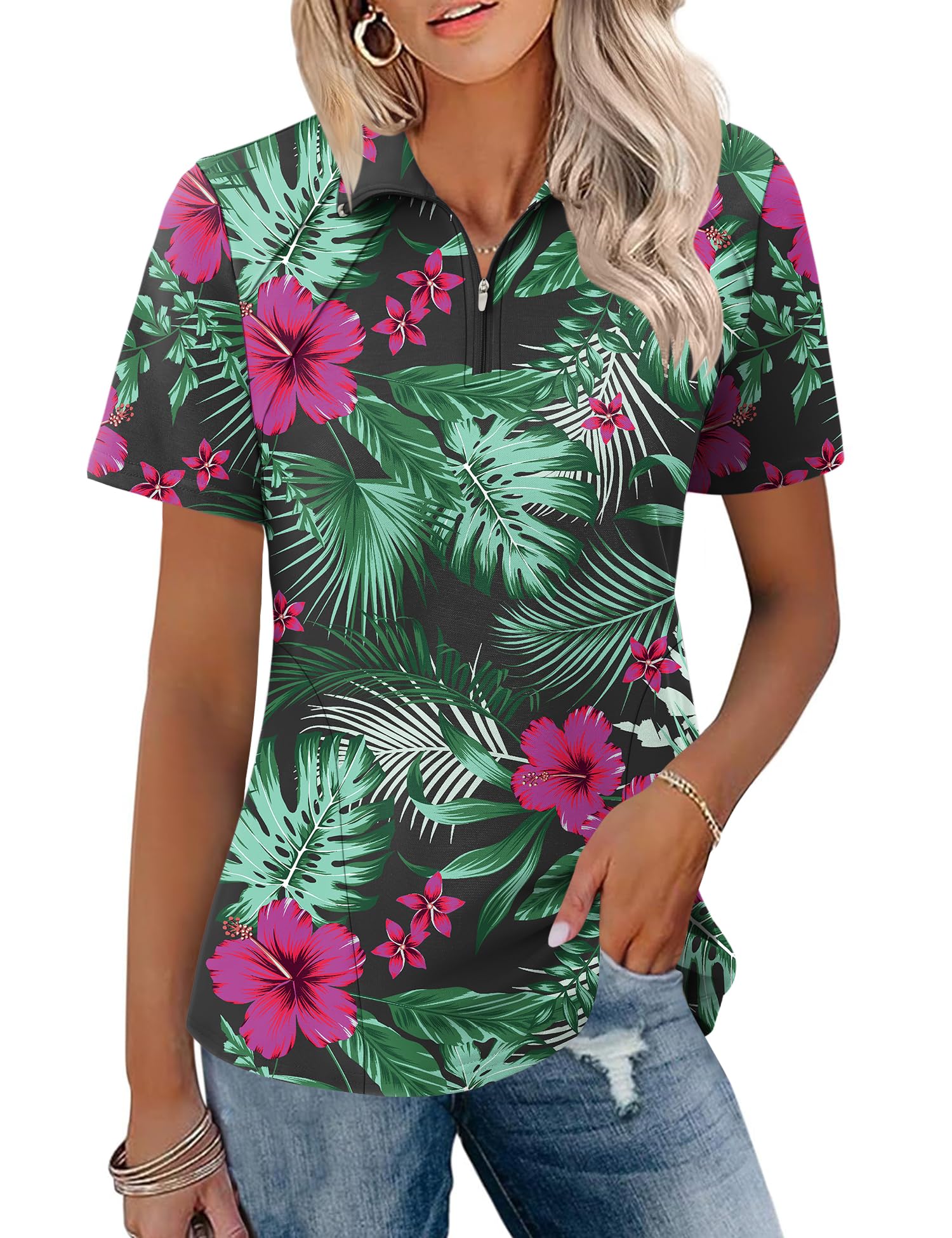 LOMON Womens Golf Polo Shirt Summer Short Sleeve Quarter Zip Outfit
