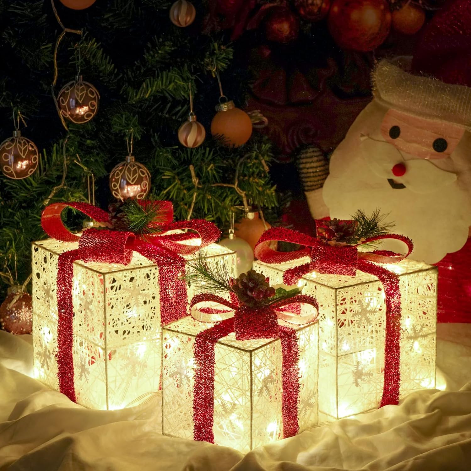 christmas decorations, set of 3 christmas lighted gift boxes, battery operated xmas present boxes, warm white led with bows for indoor christmas tree, yard, home decor red bow