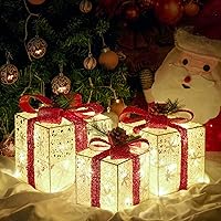 Vista 1 de Juego de 3 cajas de regalo iluminadas de Navidad, cajas de regalo de Navidad a pilas, LED blanco cálido con lazos para árbol de Navidad