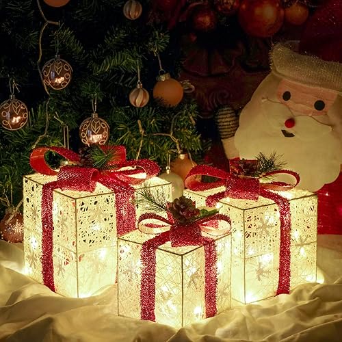 Decoraciones de Navidad, juego de 3 cajas de regalo iluminadas de Navidad, cajas de regalo de Navidad a pilas, LED blanco cálido con lazos para