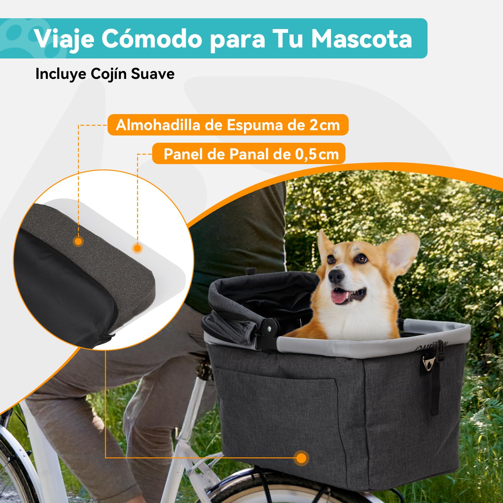Cesta Trasera Plegable para Perro Gato hasta 12KG con Marco Metálico, Montaje Rápido, Ventana de Malla, Cojín Suave, Tiras Reflectantes, Compatible con Bicicletas Eléctricas y Urbanas
