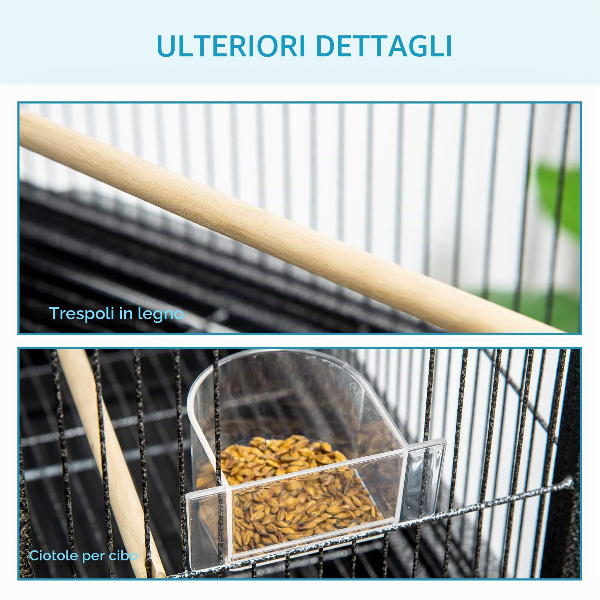 PawHut Gabbia per uccelli, portatile, gabbia per uccelli, con 4 mangiatoie e 4 posatoi pratici, 77 x 47 x 163 cm, colore: nero e grigio