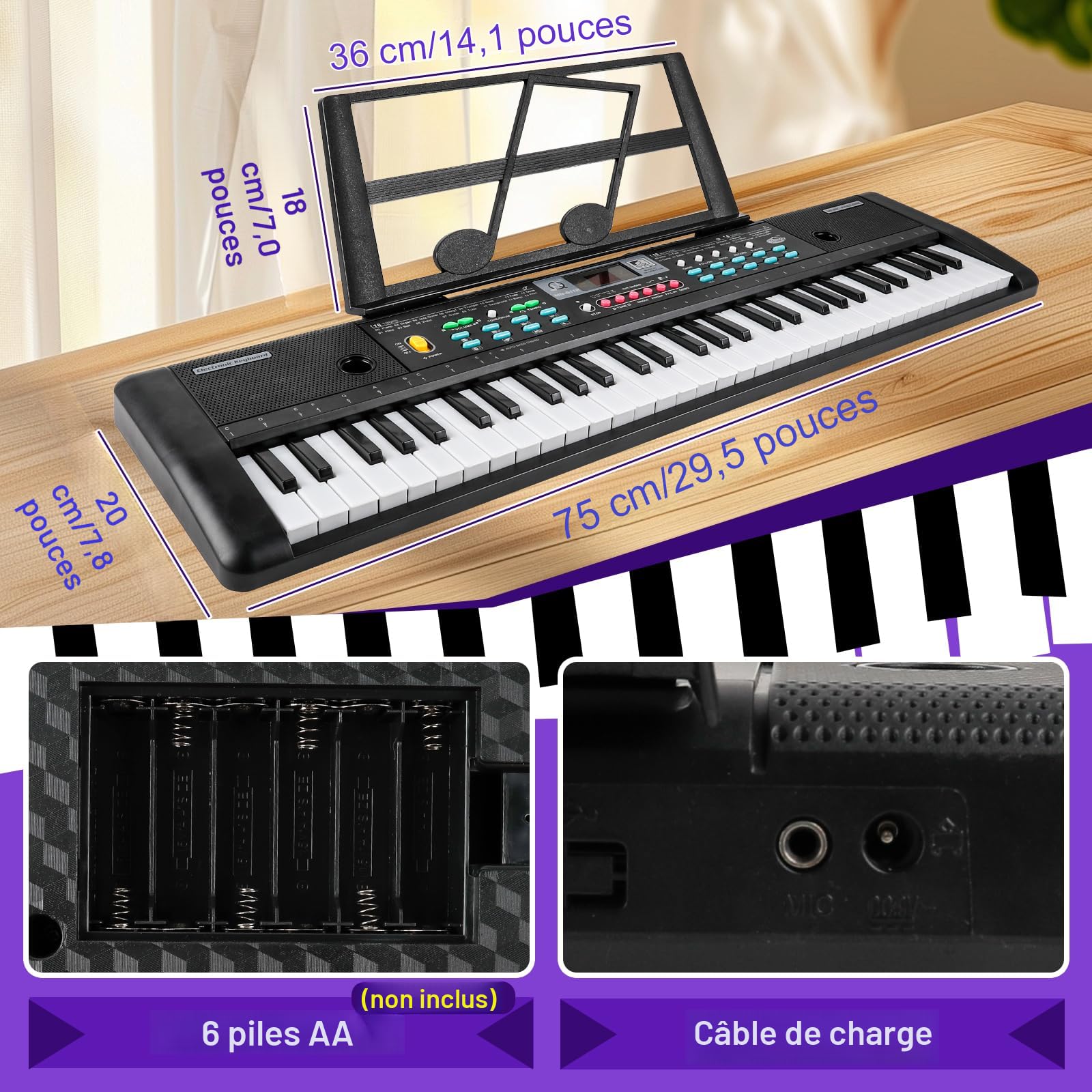 Clavier de Piano 61 Touches, Portable Clavier électronique de Piano | avec Microphone et câble USB Musical Instrument Piano pour Débutant Enfants Garçon Filles Cadeau