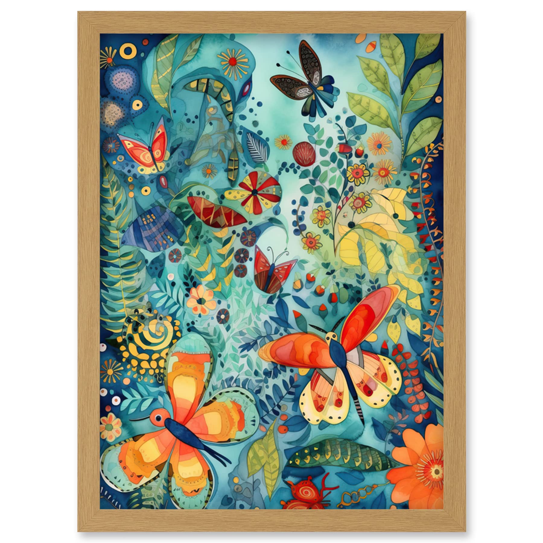 Artery8 Butterfly Insects in Flower Field Modern Folk Art Artwork Framed Wall Art Print A4