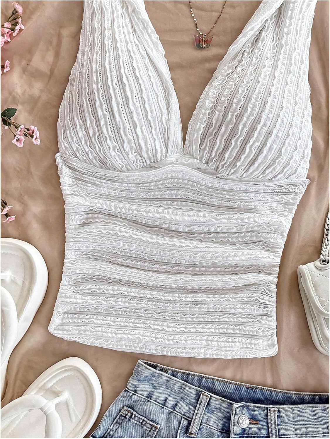 OYOANGLE Women's Textured Deep V Neck Ruched Tank Top Sleeveless Twist Fitted Going Out Tops - Image 5