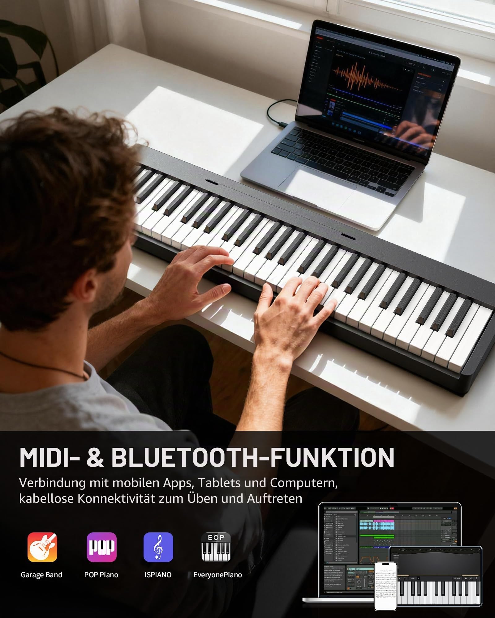 LEKATO Faltbares Elektronisches Keyboard mit 61 Tasten, 61-Tasten-Klapptastatur mit Anschlagdynamik, Wiederaufladbar, Bluetooth MIDI, Tragbare Tasche, für Anfänger/Musikliebhaber/Kind