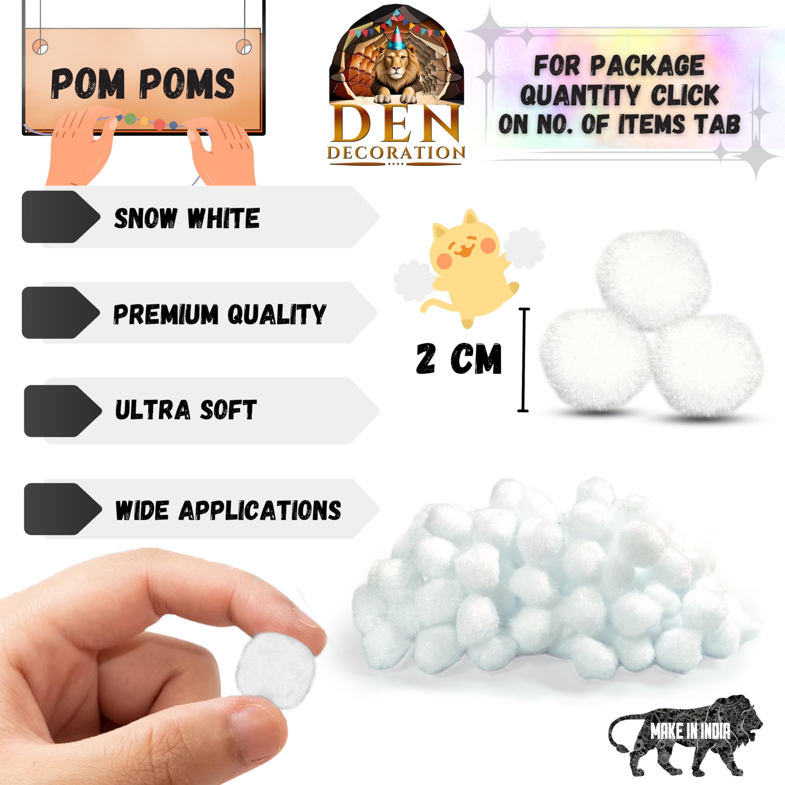 DEN DECORATION Premium Soft Fluffy Pom Pom Balls for Craft (2 cm) (Snow White, 100)