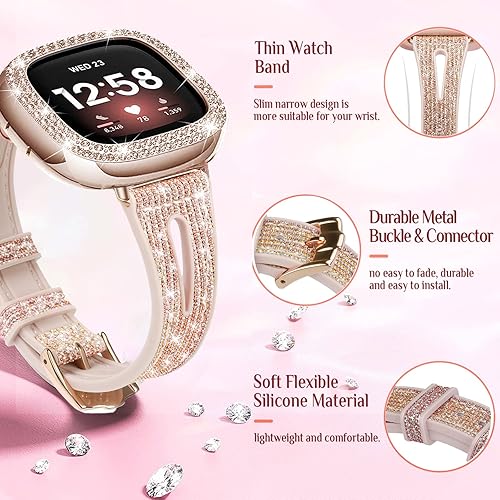 Vista 68 de Correa brillante y funda compatible con Fitbit Versa 4/Fitbit Sense 2 para mujer, pulsera de metal de acero inoxidable de repuesto para Fibit Sense