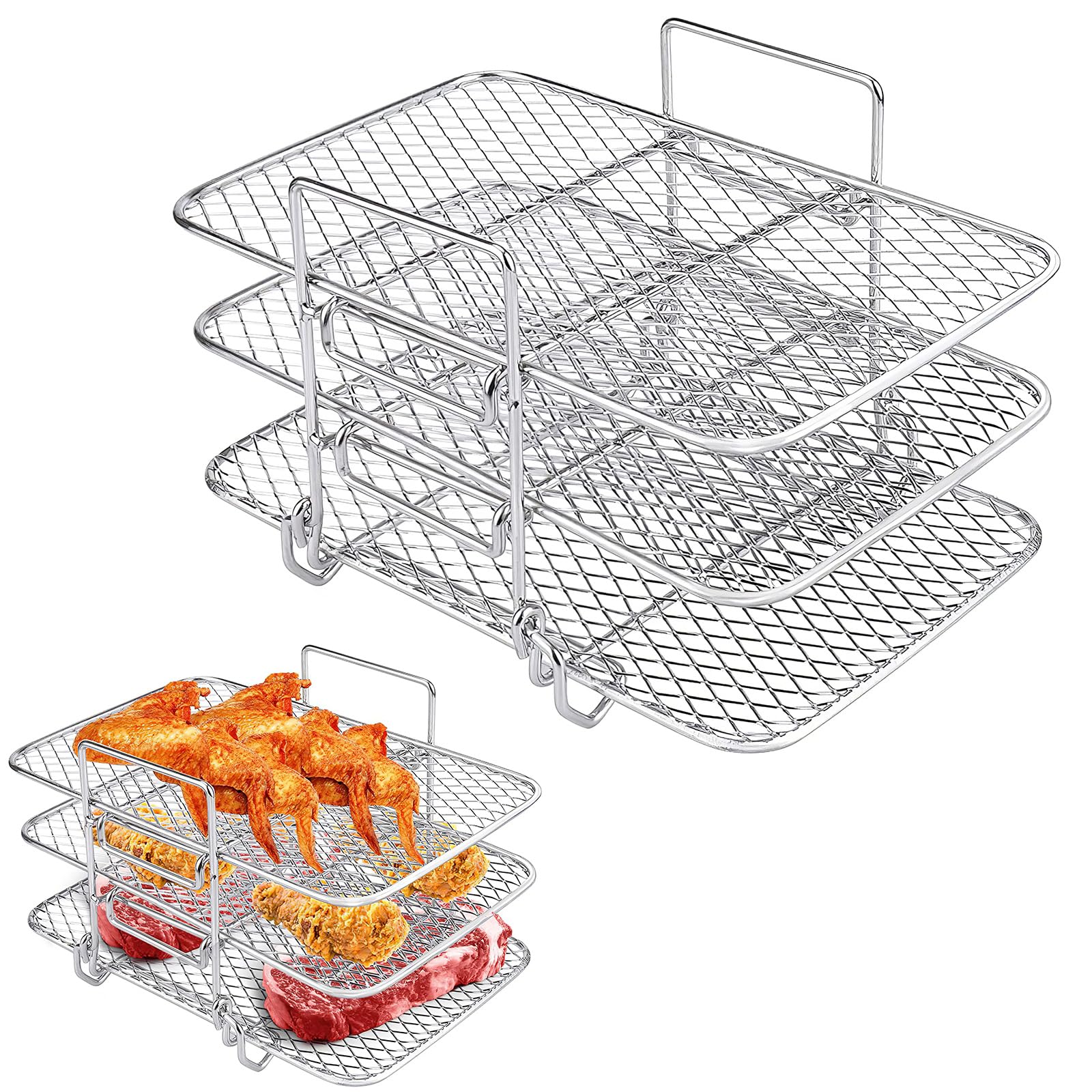 3 Layer Air Fryer Rack, Stainless Steel Air Fryer Three Layer Cooking Rack, Multi-Purpose Air Fryer Accessories, Suitable for Double Basket Air Fryer, Roasting Oven, Microwave