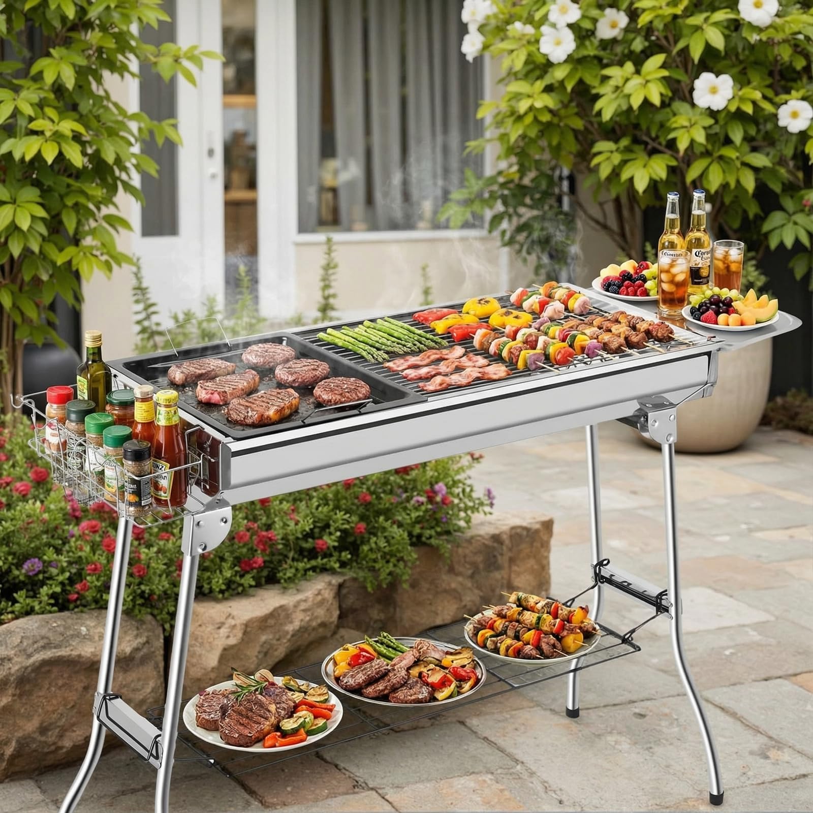 Barbecue a Carbonella XXL, Griglia a Carbone, Griglia Campeggio, Barbecue a Cabone Portatile Pieghevole in Acciaio Inossidabile con Padella Antiaderente, per Giardino Terrazza Picnic Campeggio