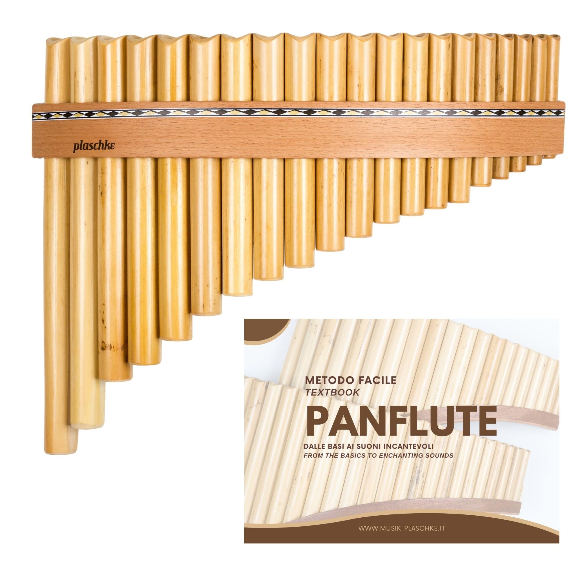 Plaschke - Flûte de pan en bambou - Avec 20 tubes, Do majeur, lanières en bois, étui et livret - Fabriquée à la main - Instruments du Tyrol du Sud / Italie