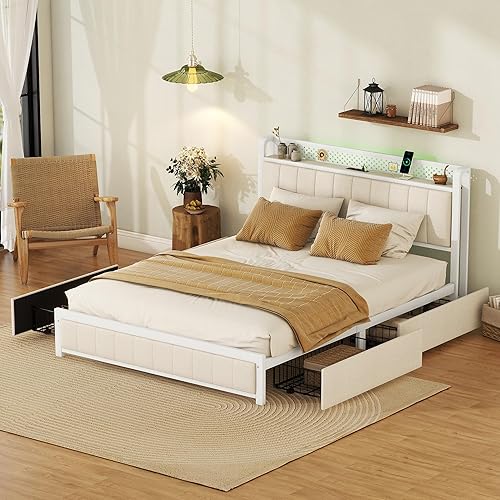 Base de cama Queen con cajones de almacenamiento y luz, plataforma LED con estante de cabecera y estación de carga, cama tapizada de lino con marco