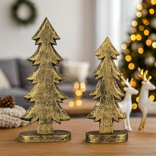 Mie Creations Juego de 2 figuras de árbol de Navidad, decoraciones rústicas de Navidad para el hogar, sala de estar, centro de mesa, repisa,