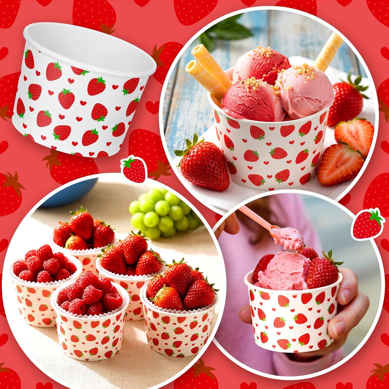 Bokon 100 Pcs Strawberry Ice Cream Paper Cups 9 oz Strawberry Disposable Dessert Bowls Snack Soup Cups for Birthday Baby Shower Party Decorations Supplies