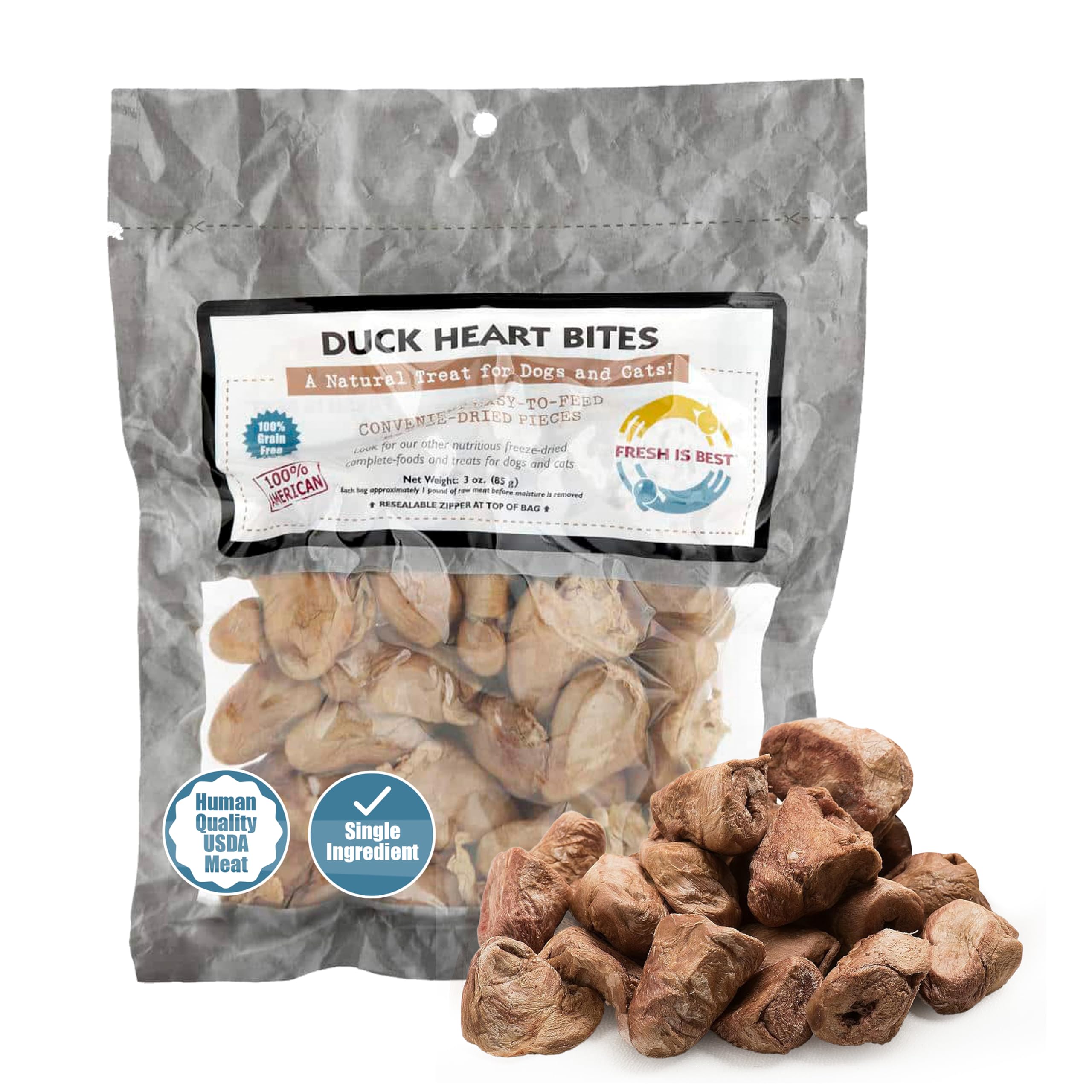 Fresh Is Best Freeze Dried Dog Treats – Raw Freeze Dried Cat Treats in Resealable Zipper Bag – High-Protein Duck Hearts for Dogs & Cats – Made in The USA