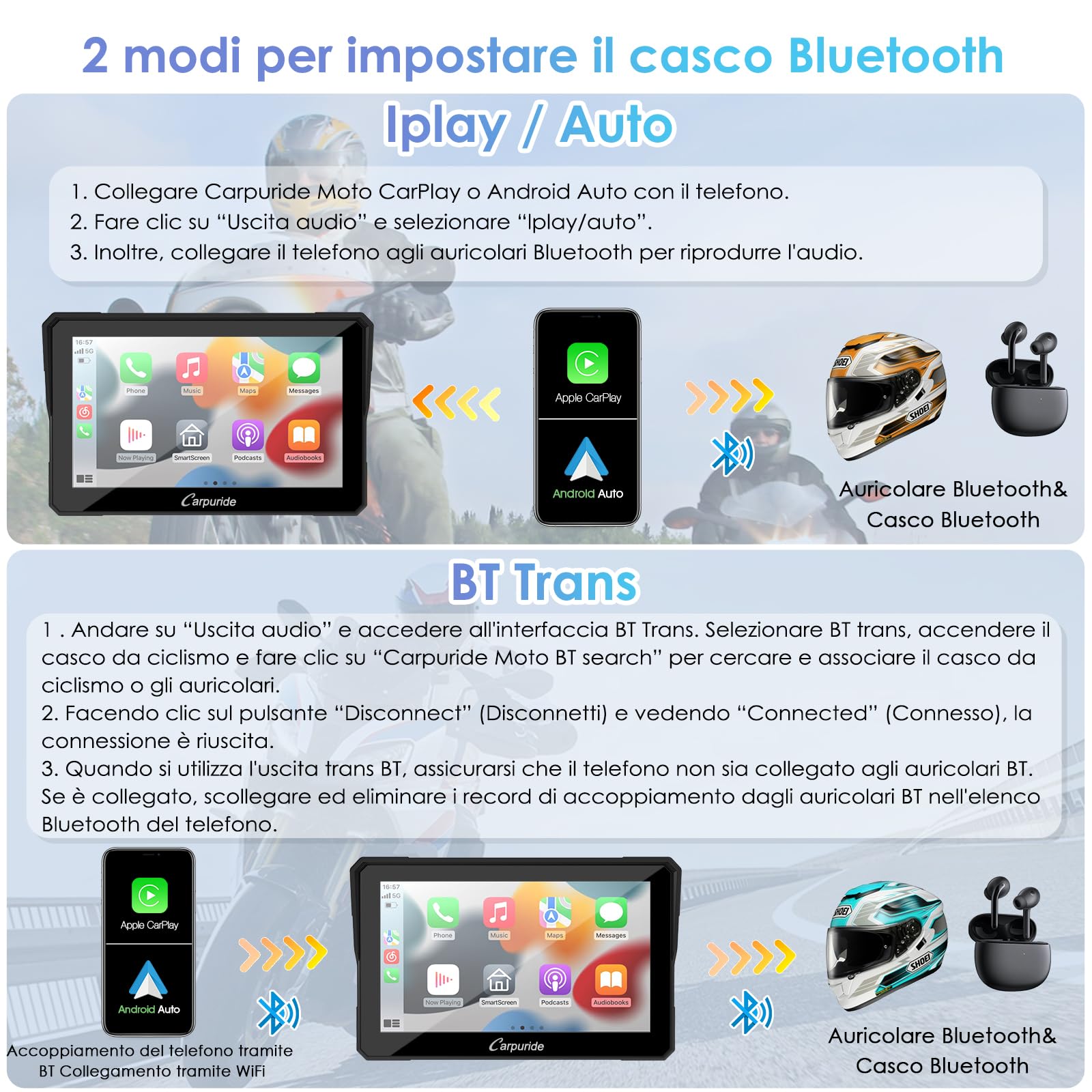 Carpuride W702 Schermo CarPlay Moto 7" Touchscreen Impermeabile GPS Bluetooth