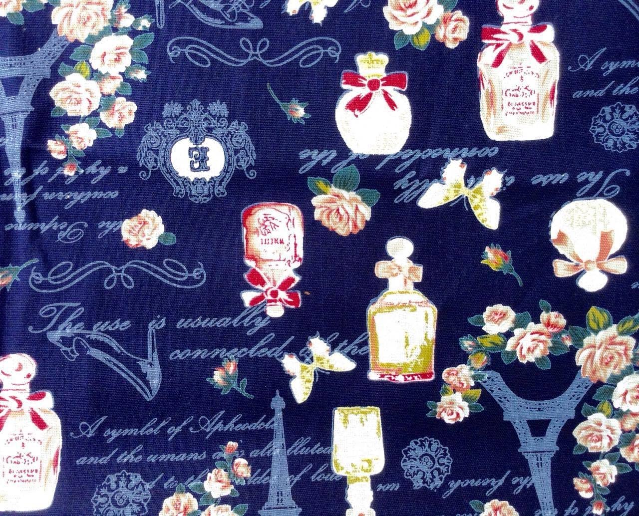 Navy Eiffel Tower Antique Perfume Bottles and Poems 50s Window Valance with white Pom Pom Fringe Trim - 42 inch