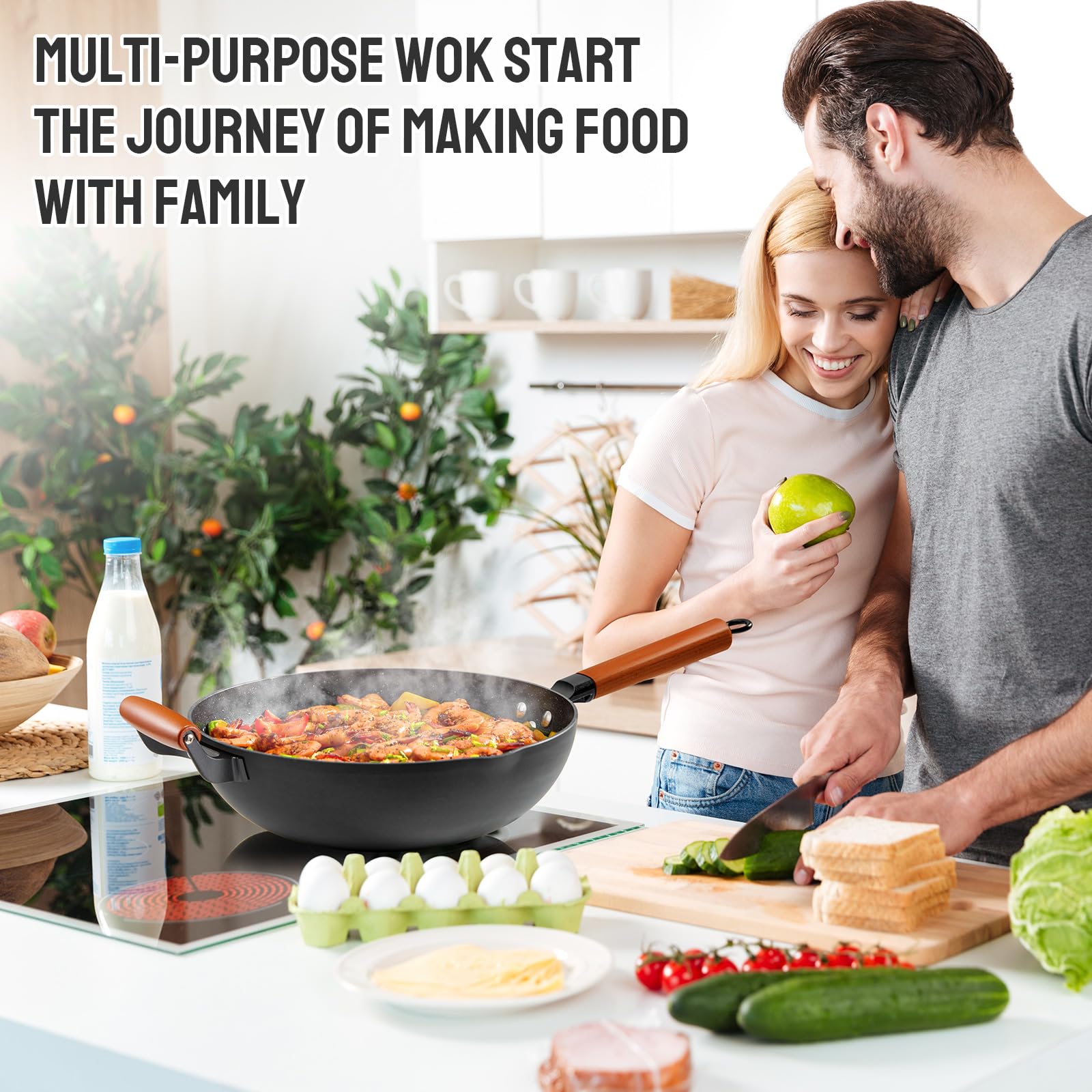 BEZIA Wok antiaderente a induzione, padella wok antiaderente da 32 cm con coperchio, wok con fondo piatto, manico in legno rimovibile, compatibile con tutti i fornelli