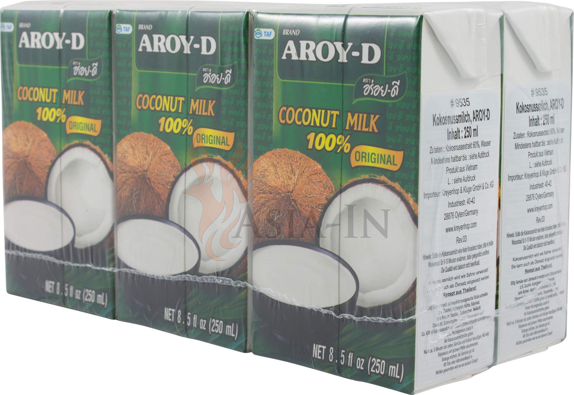 Aroy-D Latte di cocco 100%, ultra riscaldato, 6 x 250 ml