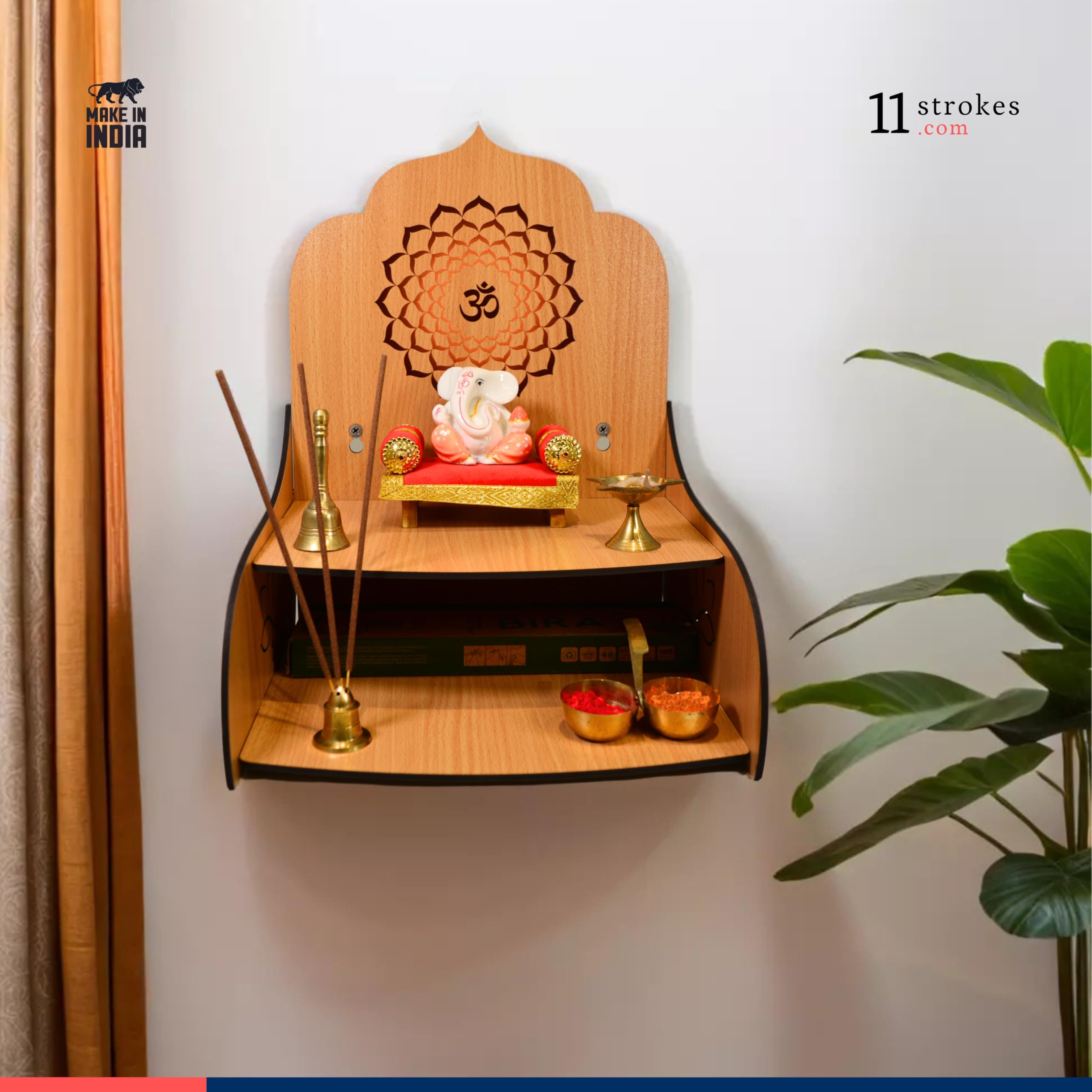 11 Strokes Samarpan Wooden Pooja Mandir for Home Small Size - Foldable DIY Wall Mount Devghar - Modern Singhasan for God & Small Wooden Temple, Puja Stand 1