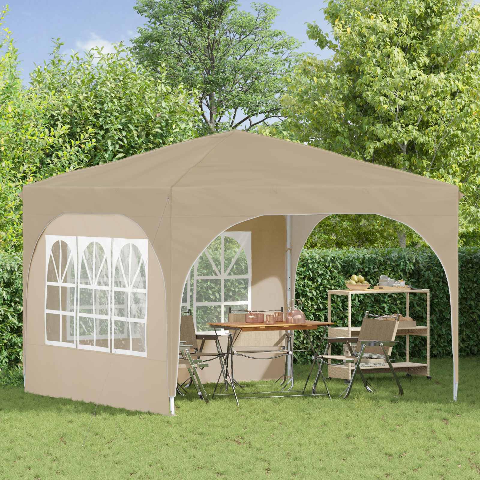 Pop-up Partyzelt 290x290 cm mit 2 Seitenwänden, Pavillon Creme | Flexibler Sonnenschutz für Garten und Terrasse: 3-stufig höhenverstellbar mit robustem Stahlgestell und Zubehör.